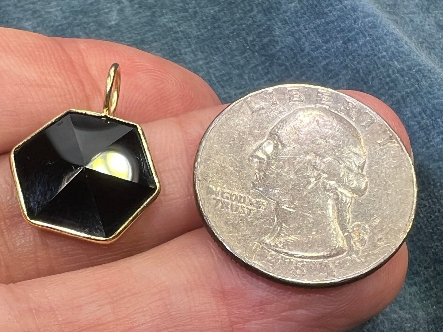 14k Gold Faceted Black Onyx Hexagon Pendant. Art Deco