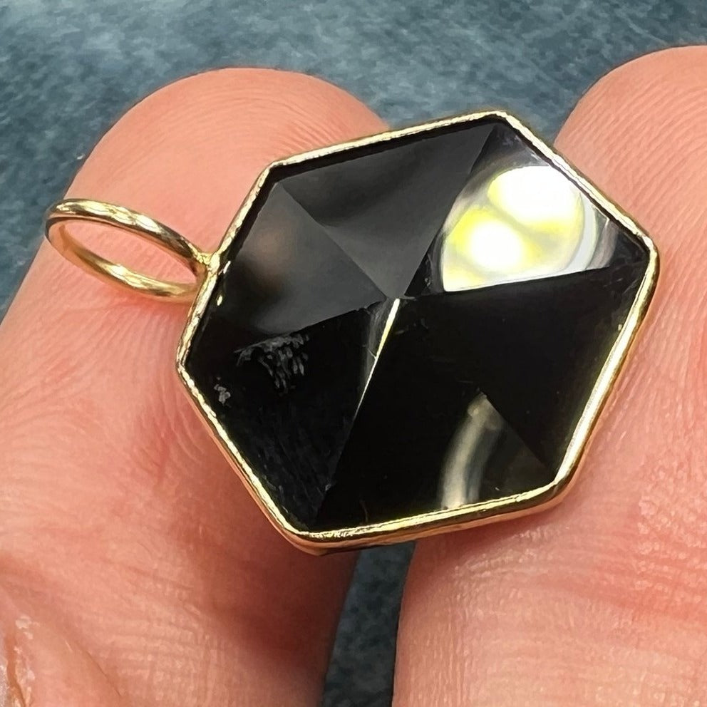 14k Gold Faceted Black Onyx Hexagon Pendant. Art Deco