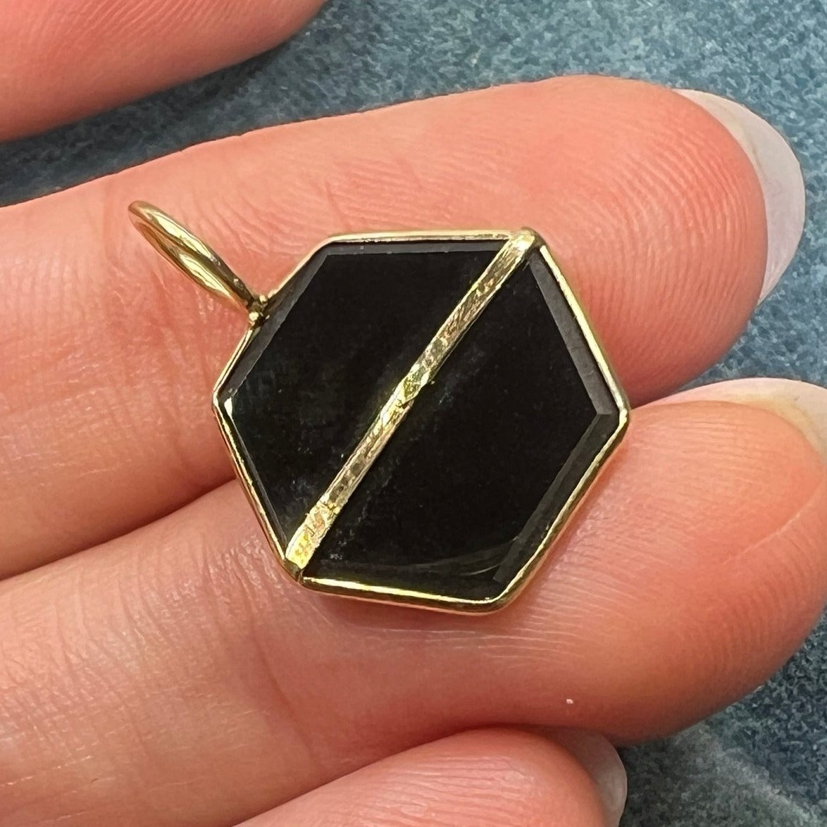 14k Gold Faceted Black Onyx Hexagon Pendant. Art Deco