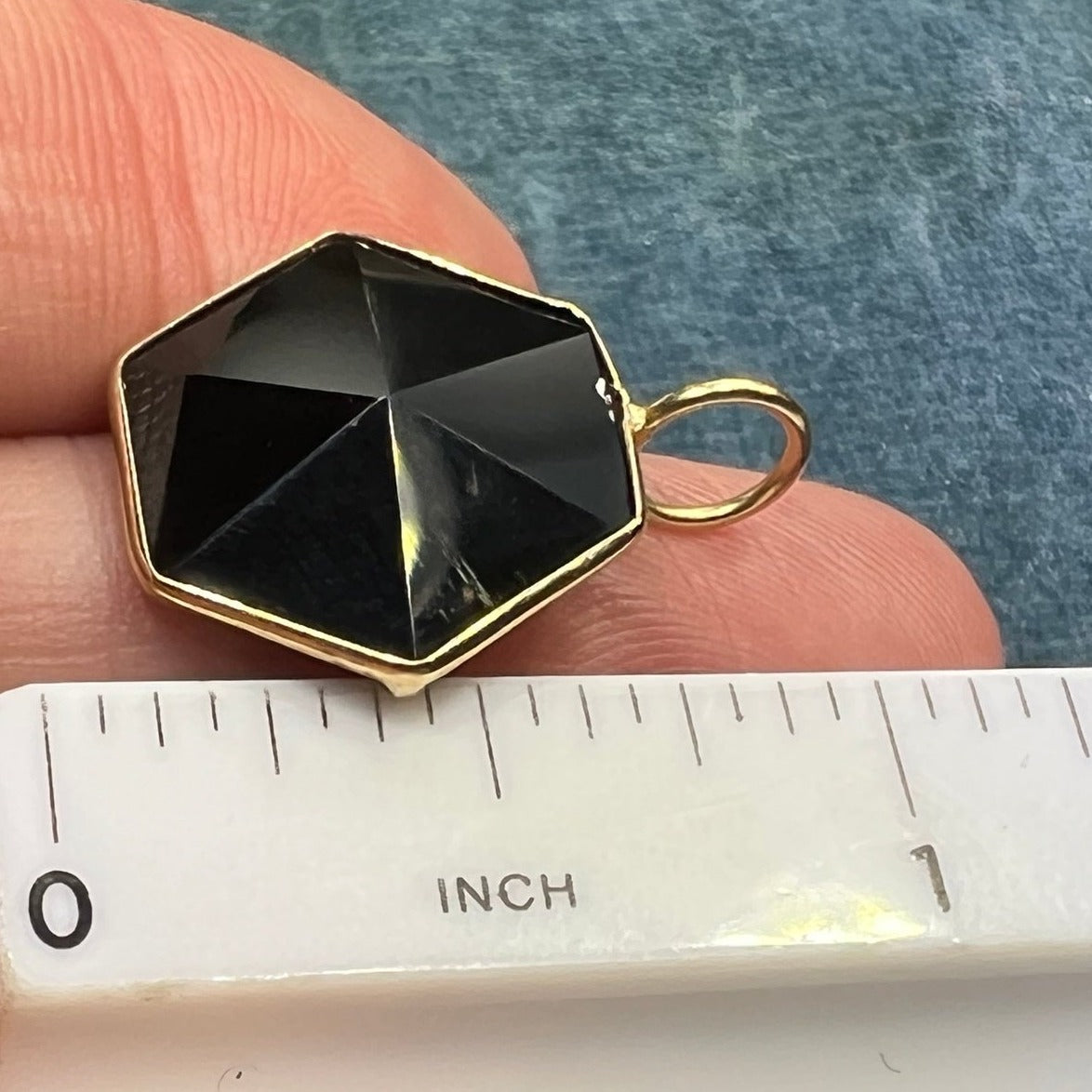 14k Gold Faceted Black Onyx Hexagon Pendant. Art Deco