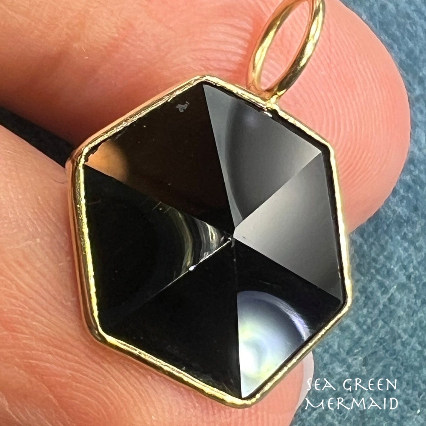 14k Gold Faceted Black Onyx Hexagon Pendant. Art Deco