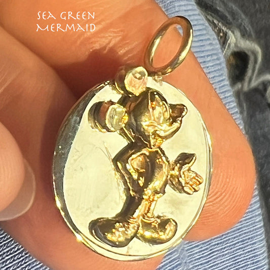 14k Gold Famous Mouse on 925 Silver Medallion Pendant. 1" -R