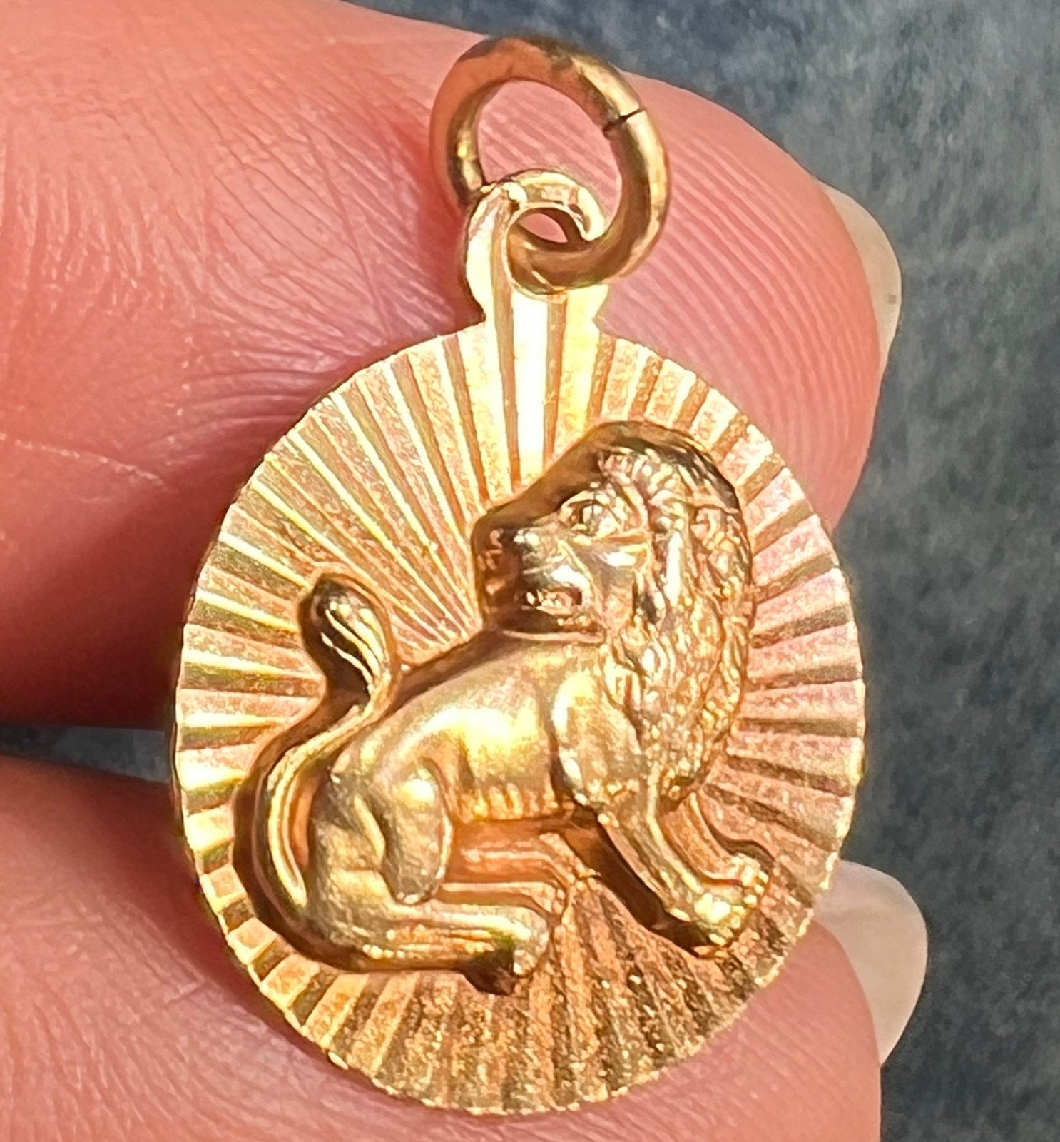 14k Gold Fierce Lion MCM Modern Sunburst Disc Pendant. Leo