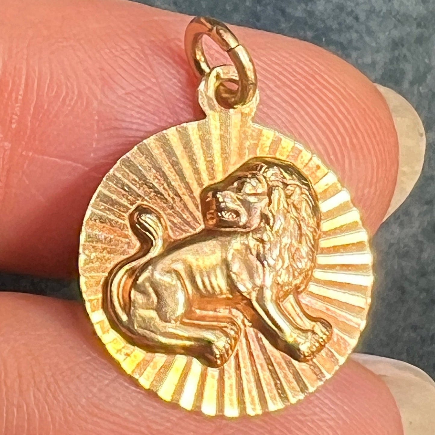 14k Gold Fierce Lion MCM Modern Sunburst Disc Pendant. Leo