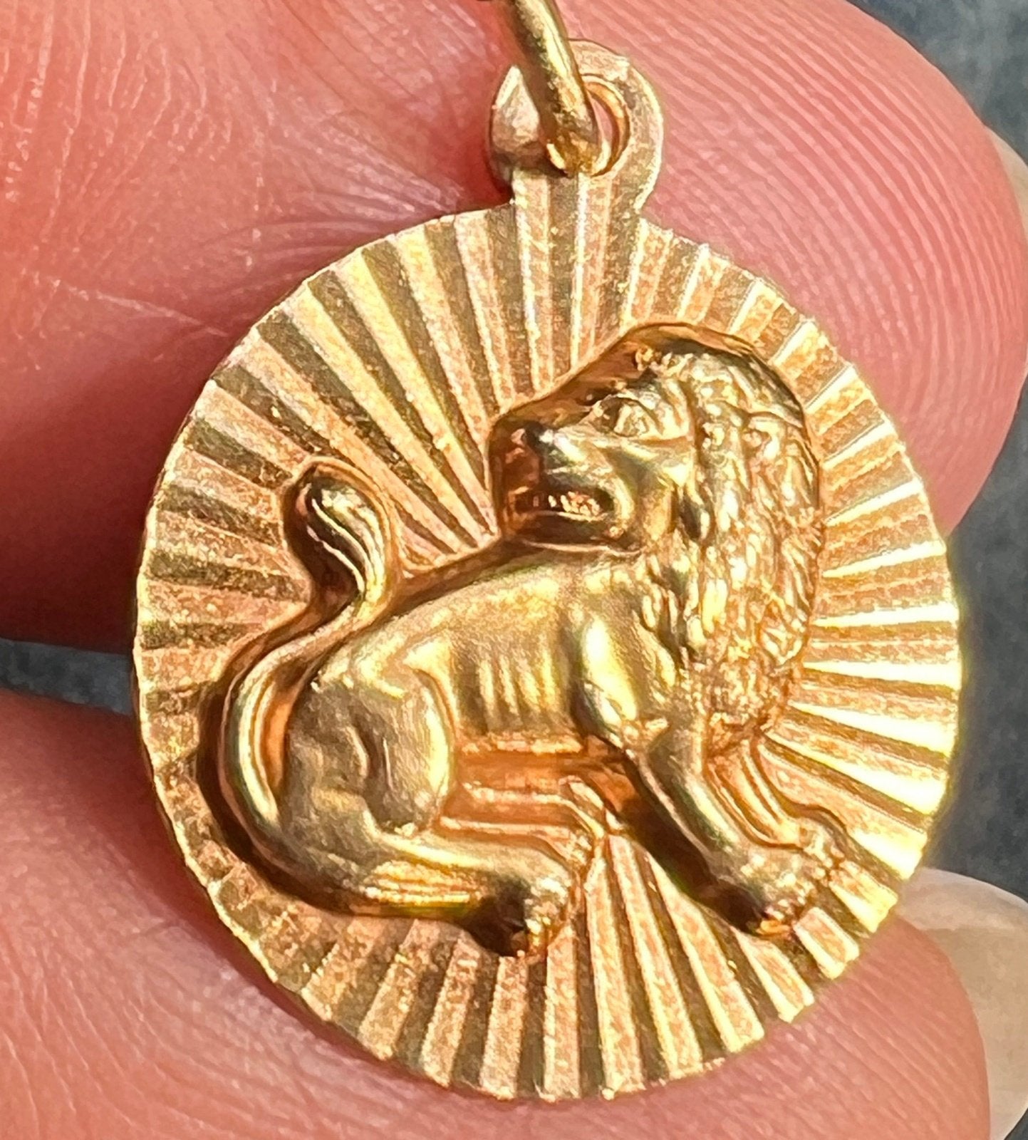 14k Gold Fierce Lion MCM Modern Sunburst Disc Pendant. Leo