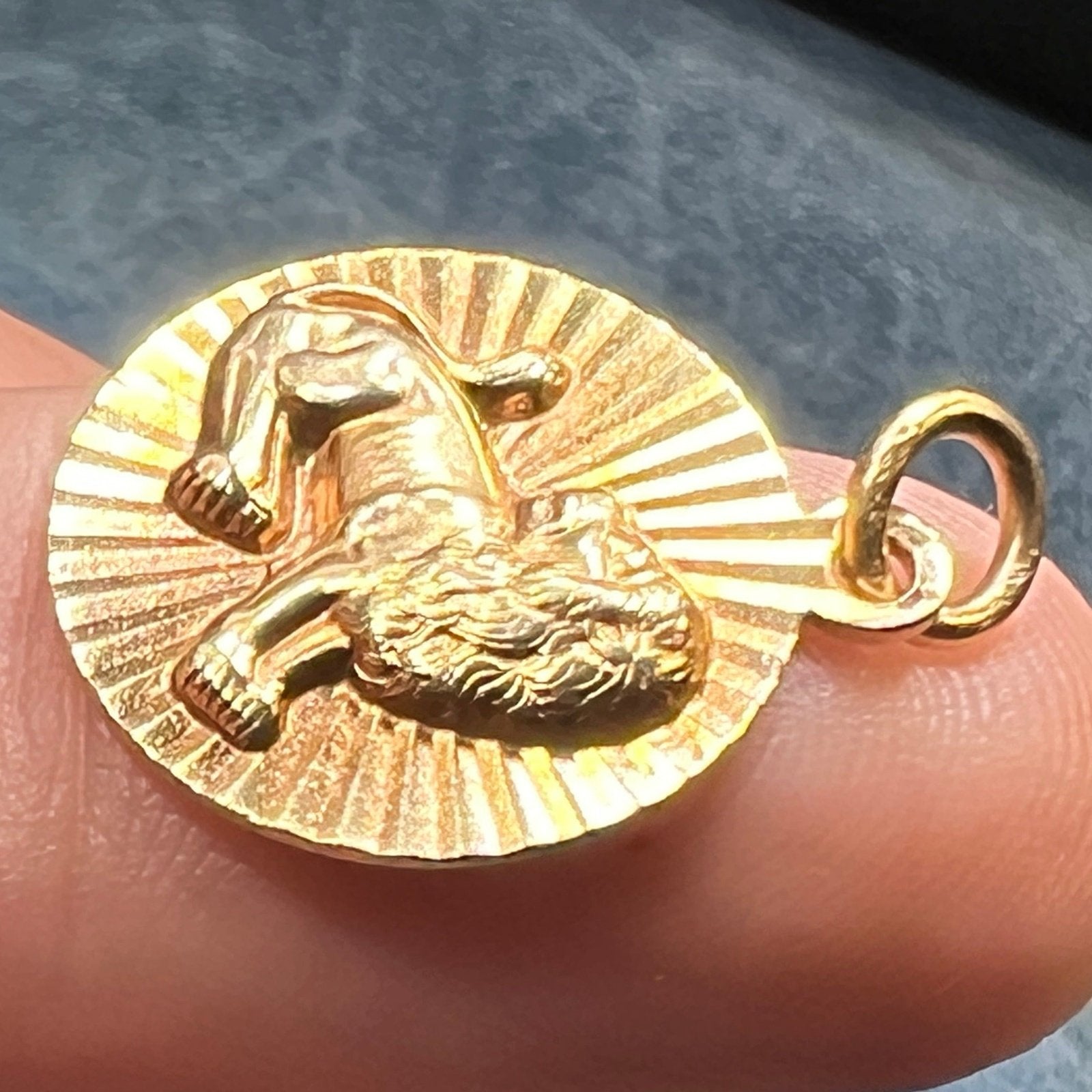 14k Gold Fierce Lion MCM Modern Sunburst Disc Pendant. Leo