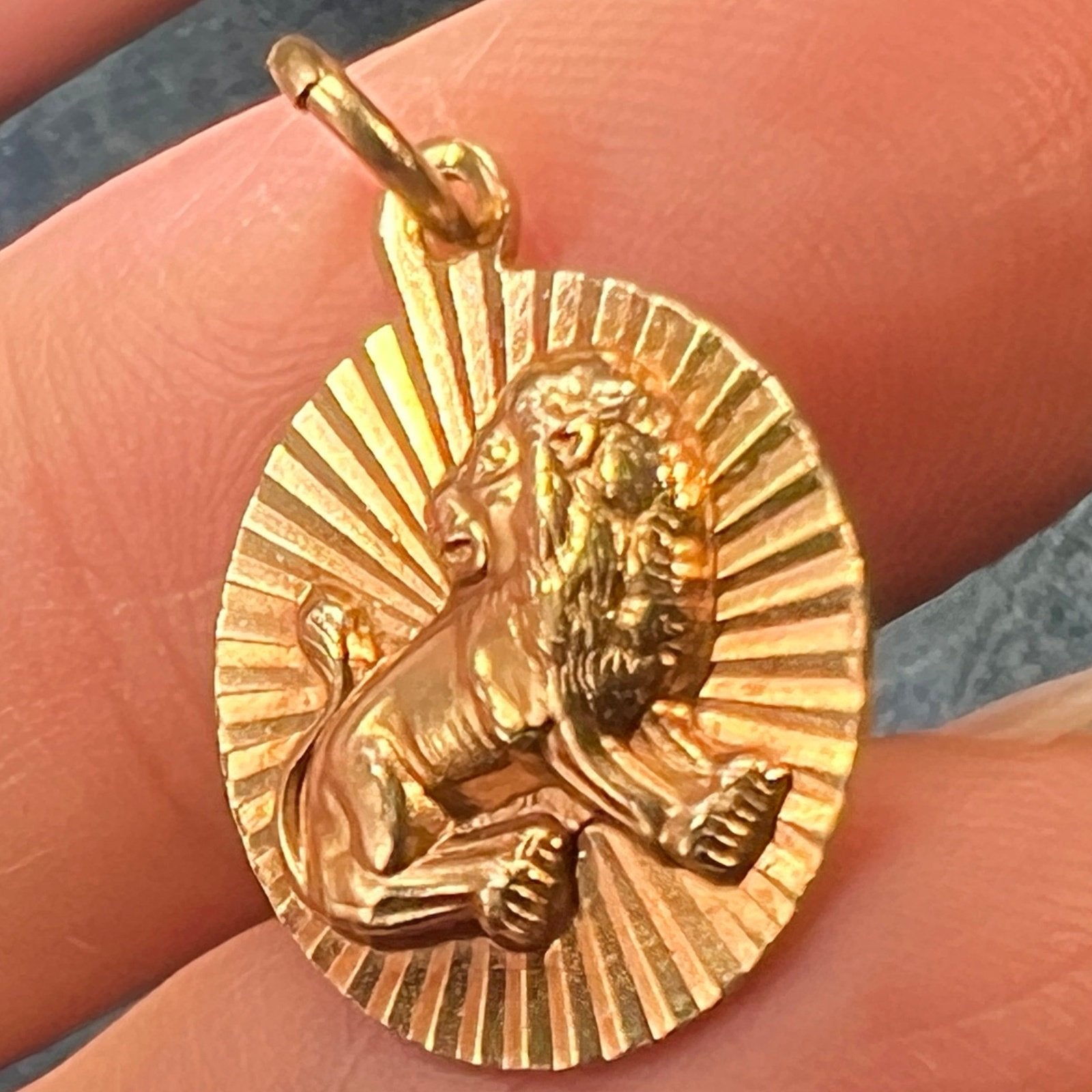 14k Gold Fierce Lion MCM Modern Sunburst Disc Pendant. Leo