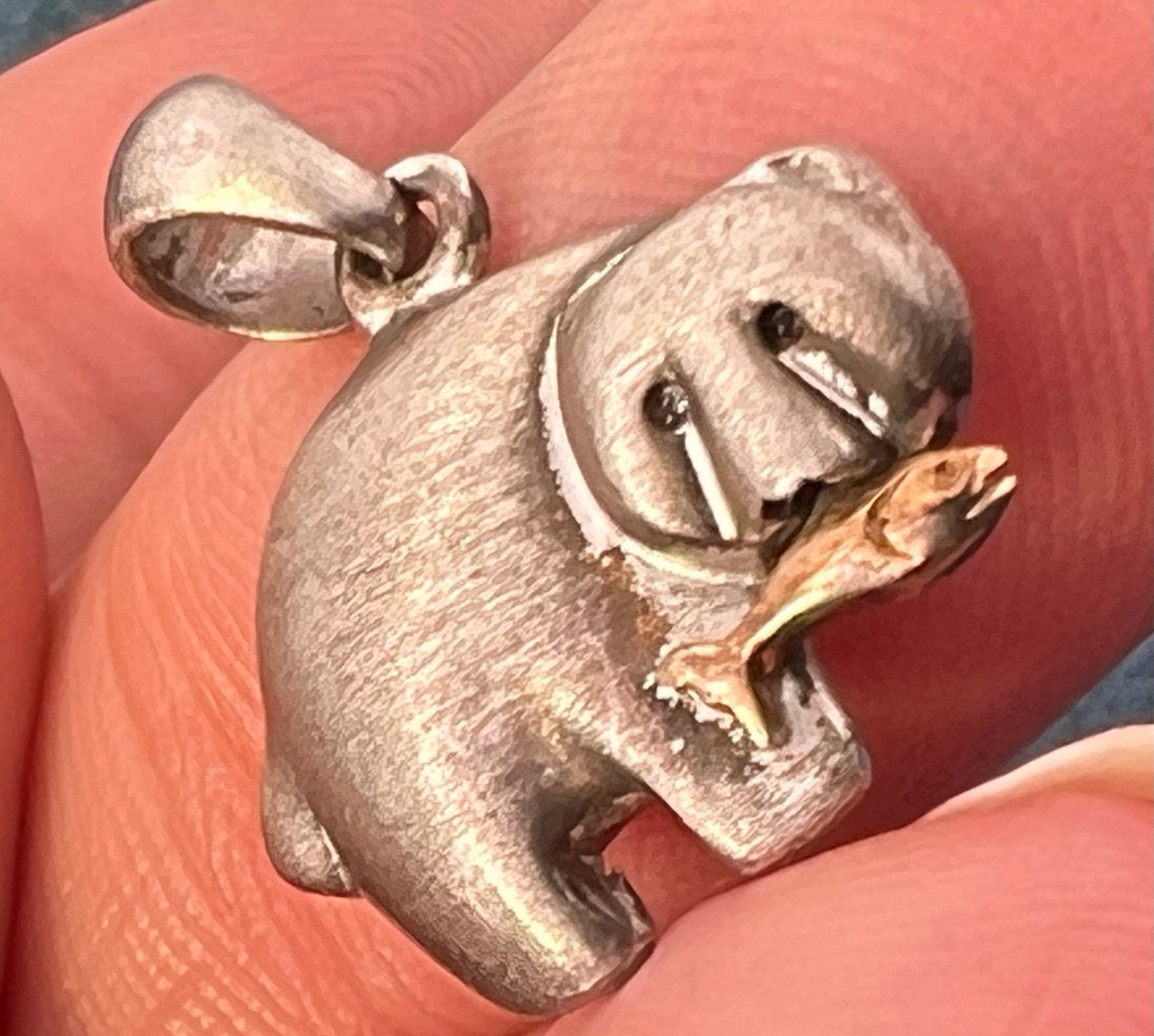14k Gold Fish + Sterling Grizzly Bear Pendant
