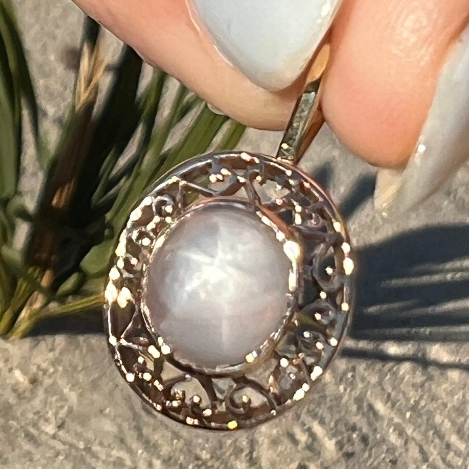 14k Gold Gray Lavender Star Sapphire Antique Filigree Pendant *Video* B