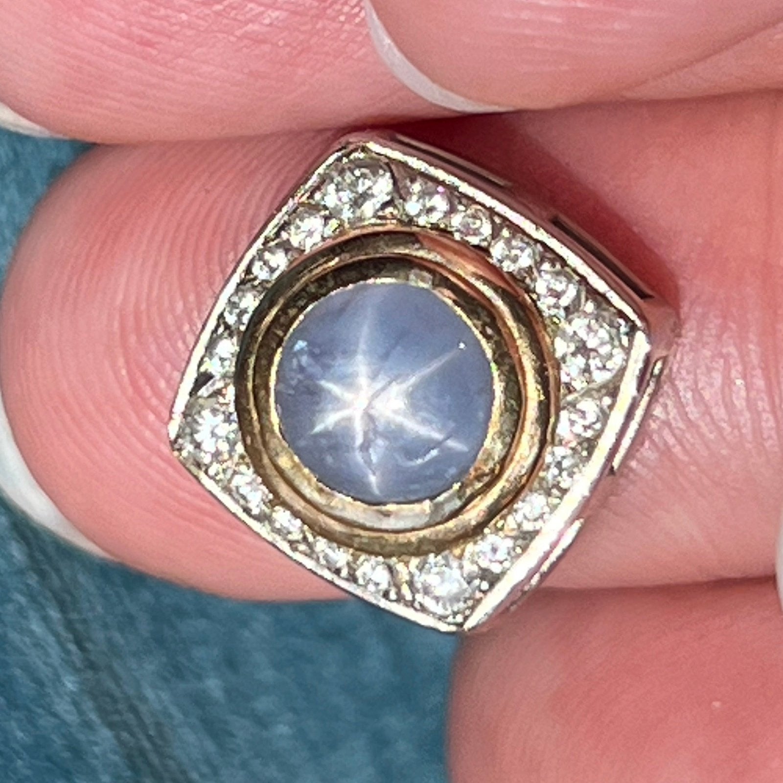 14k Gold Gray Star Sapphire Pendant w Diamond Halo *Video*