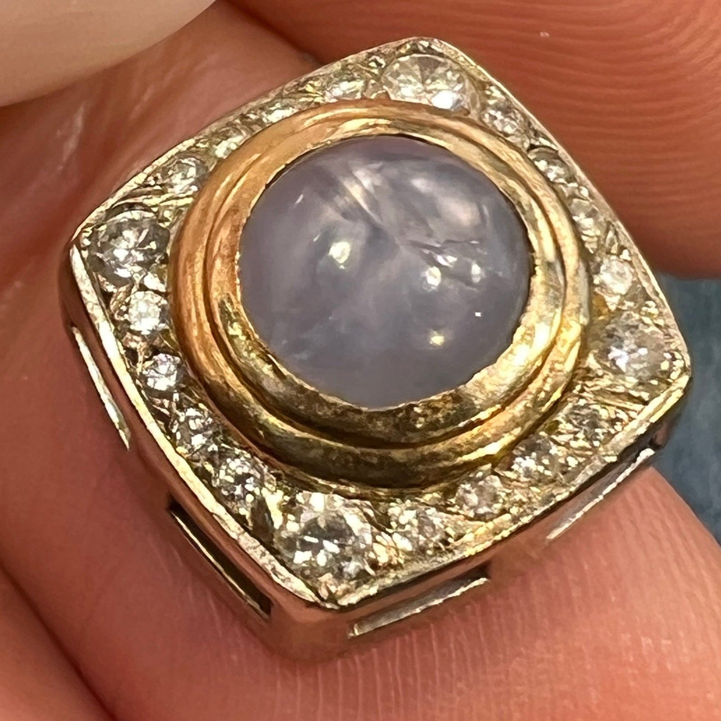 14k Gold Gray Star Sapphire Pendant w Diamond Halo *Video*