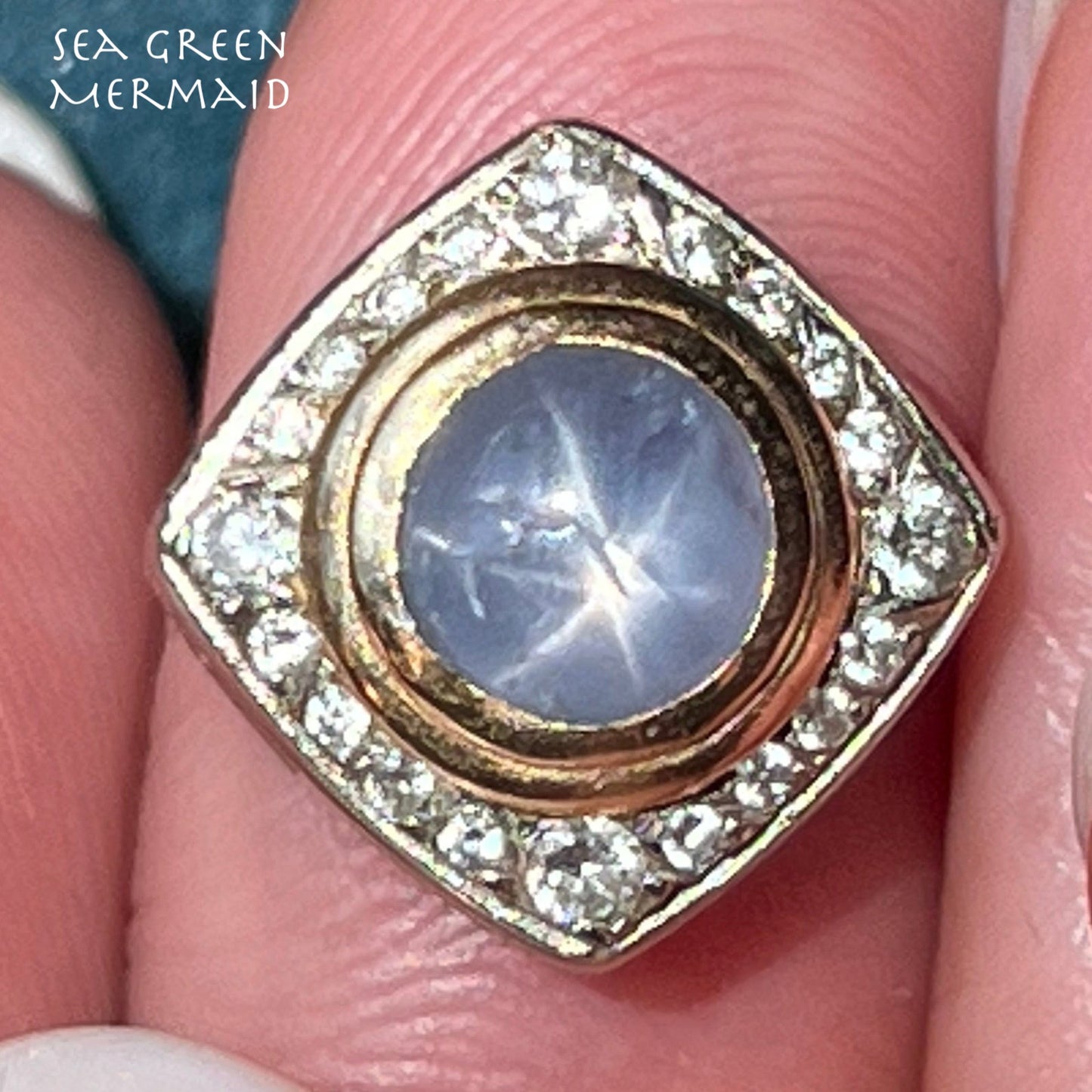 14k Gold Gray Star Sapphire Pendant w Diamond Halo *Video*