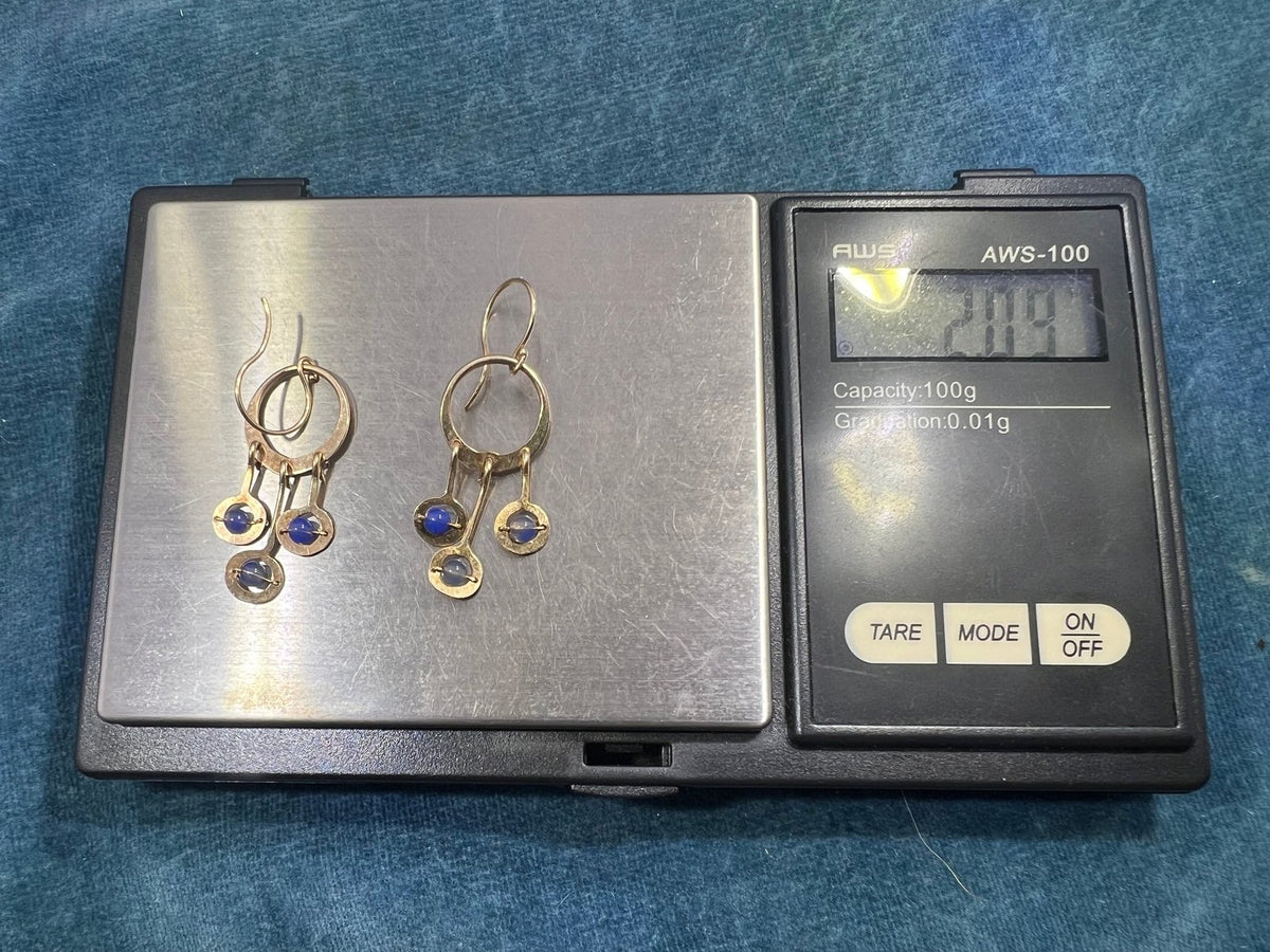 14k Gold Hammered Circle Chandelier Earrings w Tanzanite Dangles