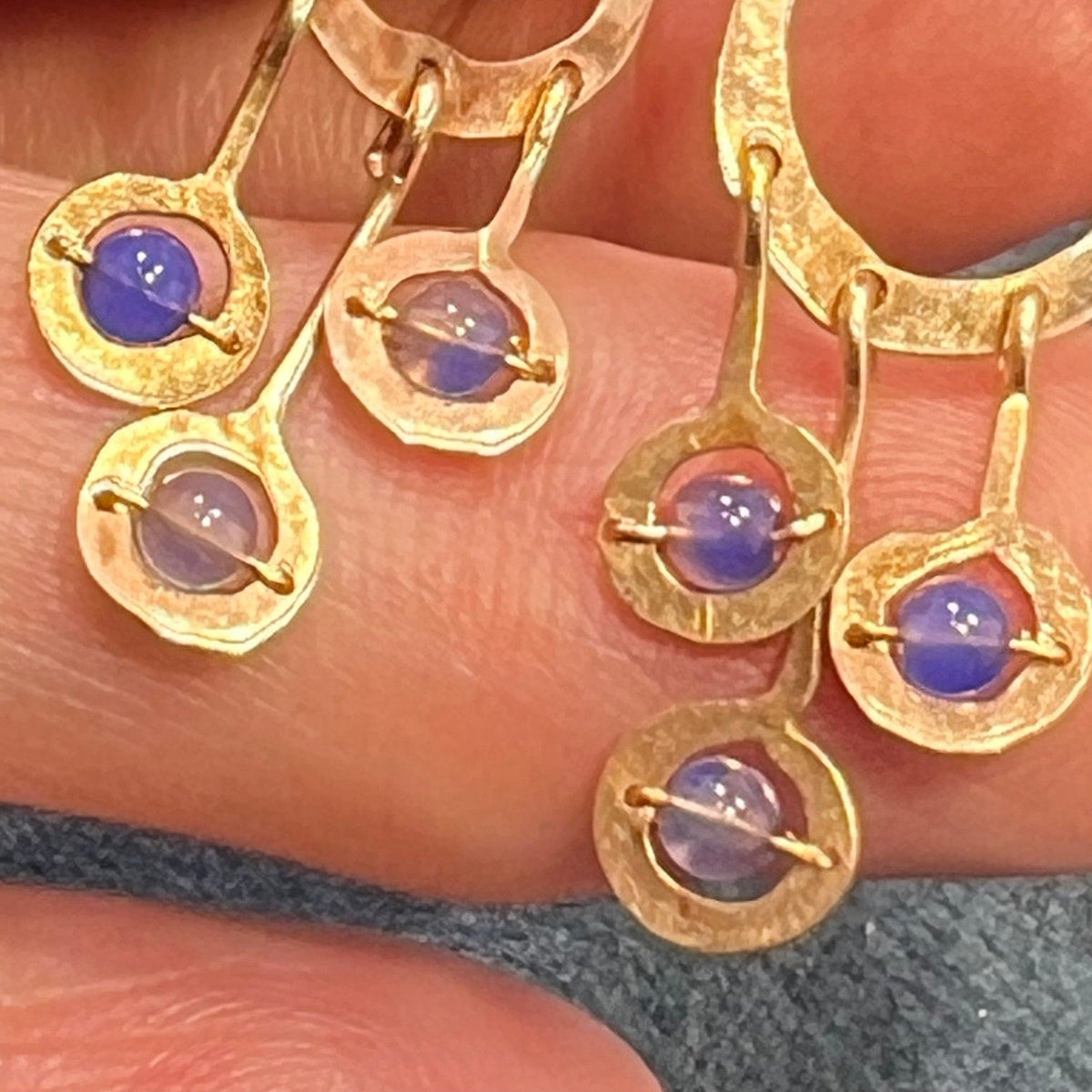 14k Gold Hammered Circle Chandelier Earrings w Tanzanite Dangles
