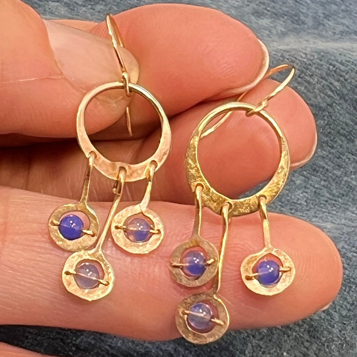 14k Gold Hammered Circle Chandelier Earrings w Tanzanite Dangles