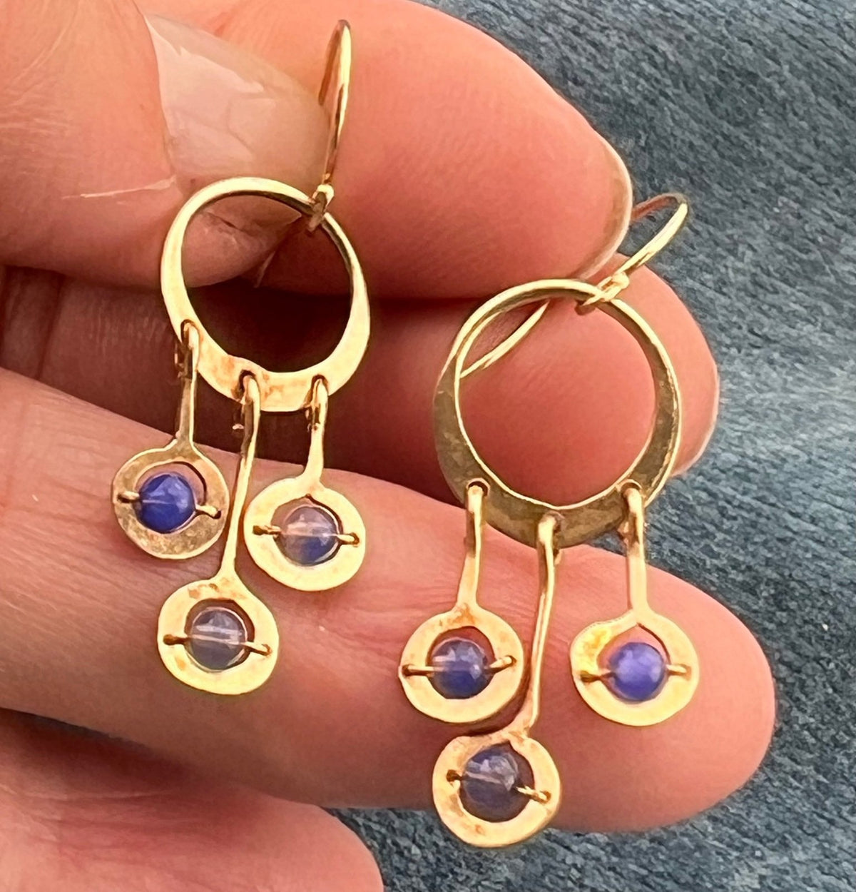 14k Gold Hammered Circle Chandelier Earrings w Tanzanite Dangles