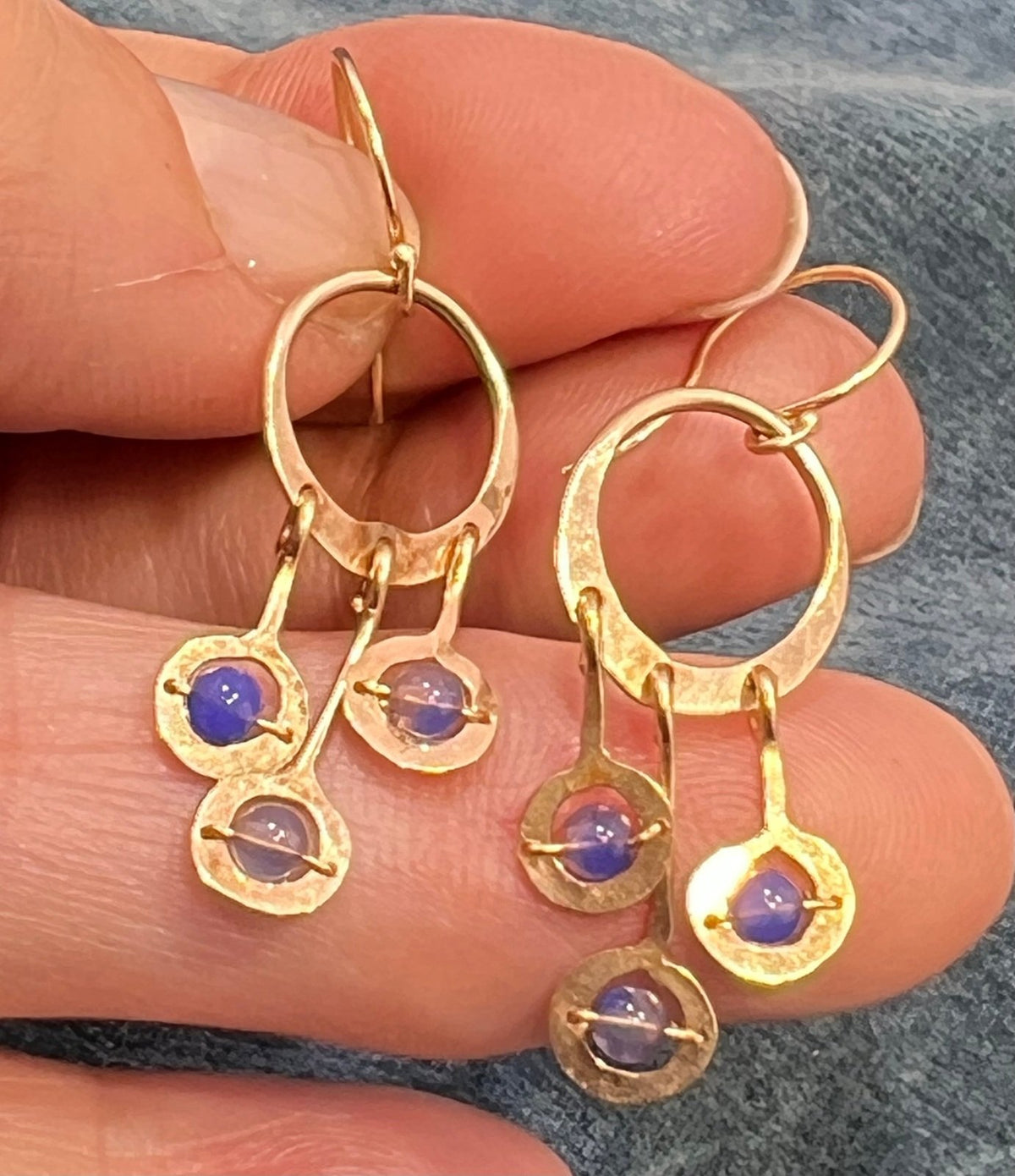 14k Gold Hammered Circle Chandelier Earrings w Tanzanite Dangles