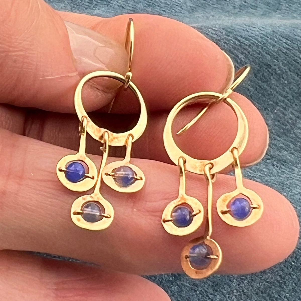 14k Gold Hammered Circle Chandelier Earrings w Tanzanite Dangles