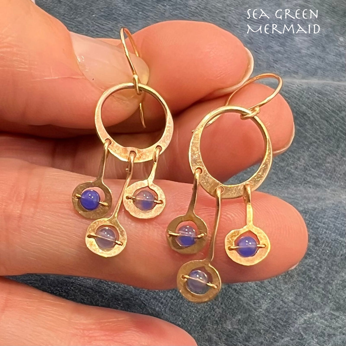 14k Gold Hammered Circle Chandelier Earrings w Tanzanite Dangles