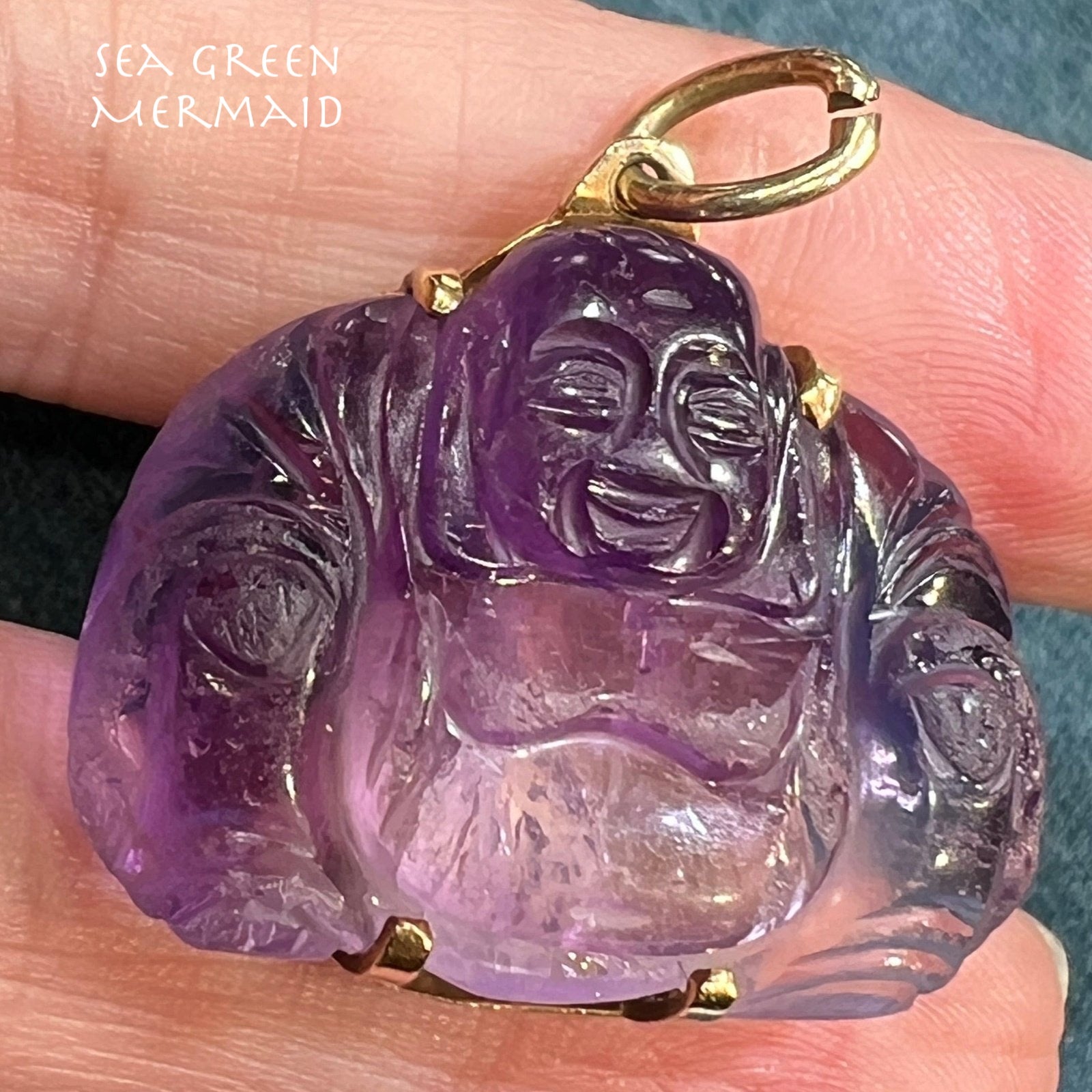 14k Gold Hand-Carved Amethyst Joyful Buddha Pendant *Video*