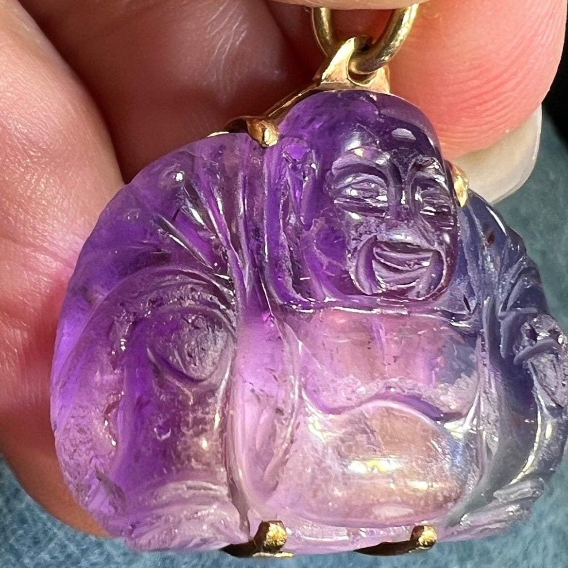 14k Gold Hand-Carved Amethyst Joyful Buddha Pendant *Video*