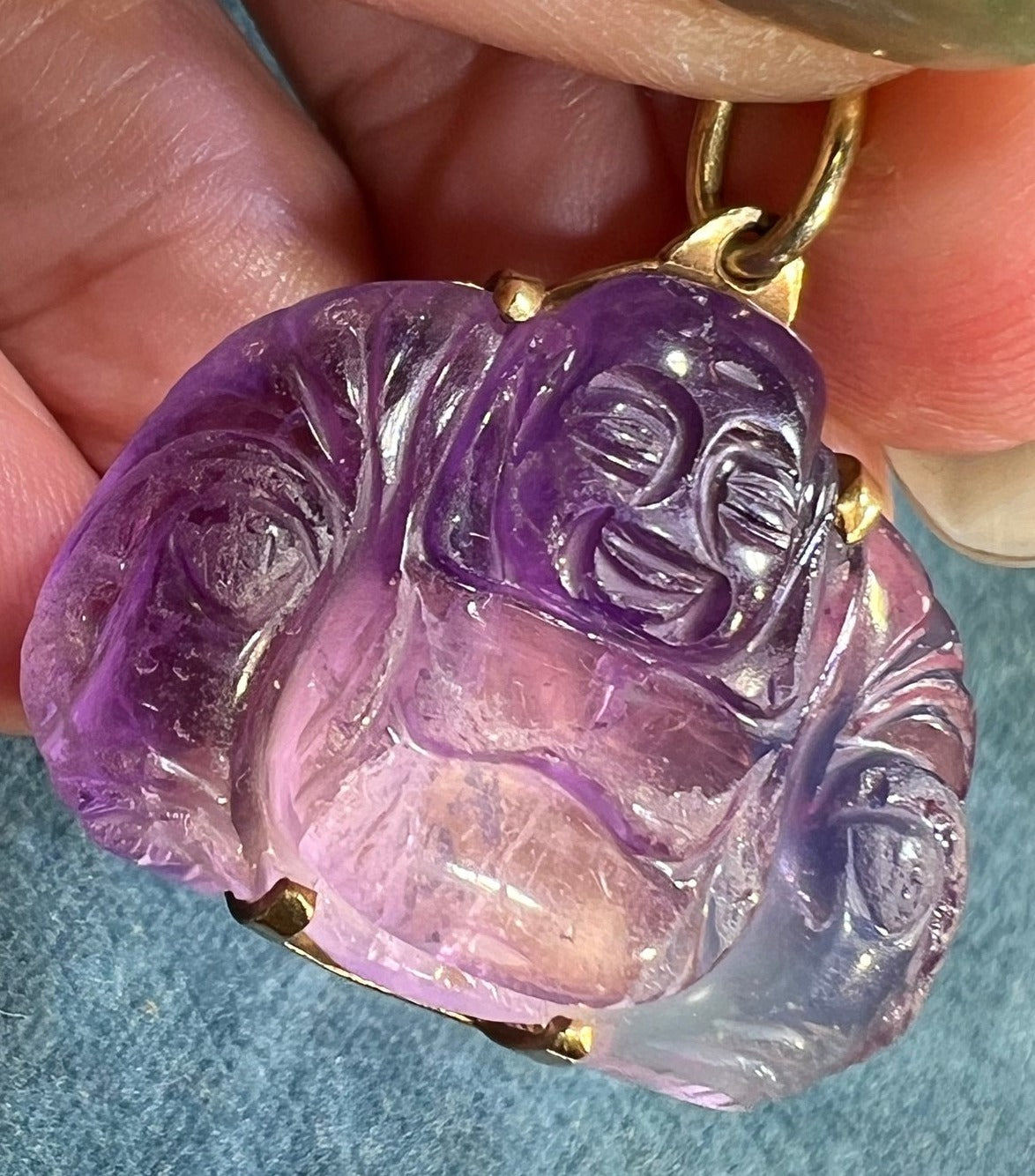 14k Gold Hand-Carved Amethyst Joyful Buddha Pendant *Video*