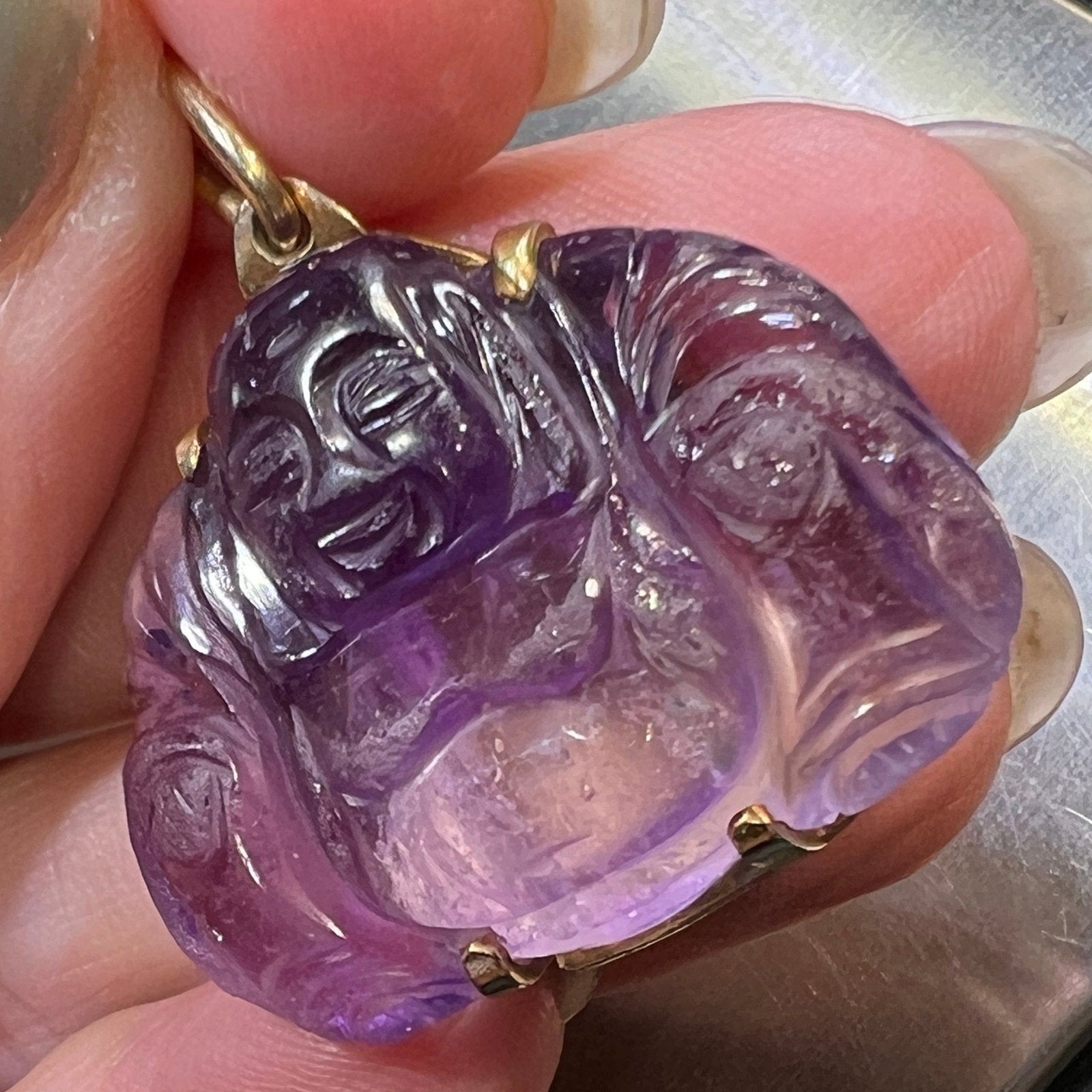 14k Gold Hand-Carved Amethyst Joyful Buddha Pendant *Video*