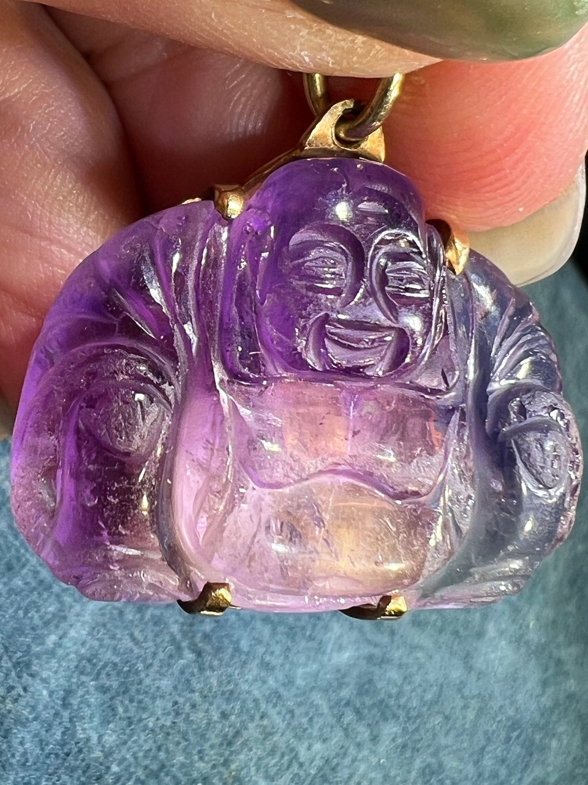 14k Gold Hand-Carved Amethyst Joyful Buddha Pendant *Video*