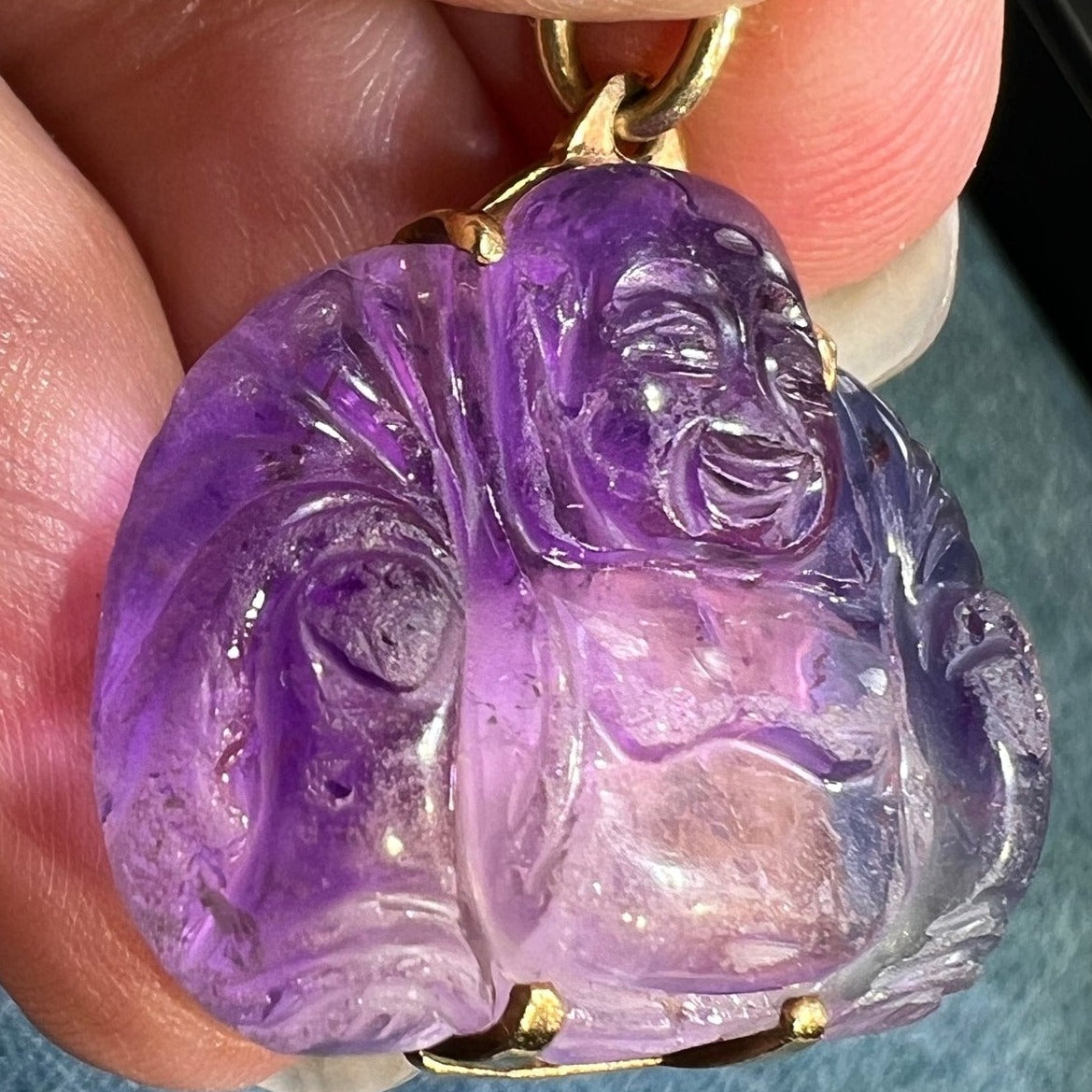 14k Gold Hand-Carved Amethyst Joyful Buddha Pendant *Video*