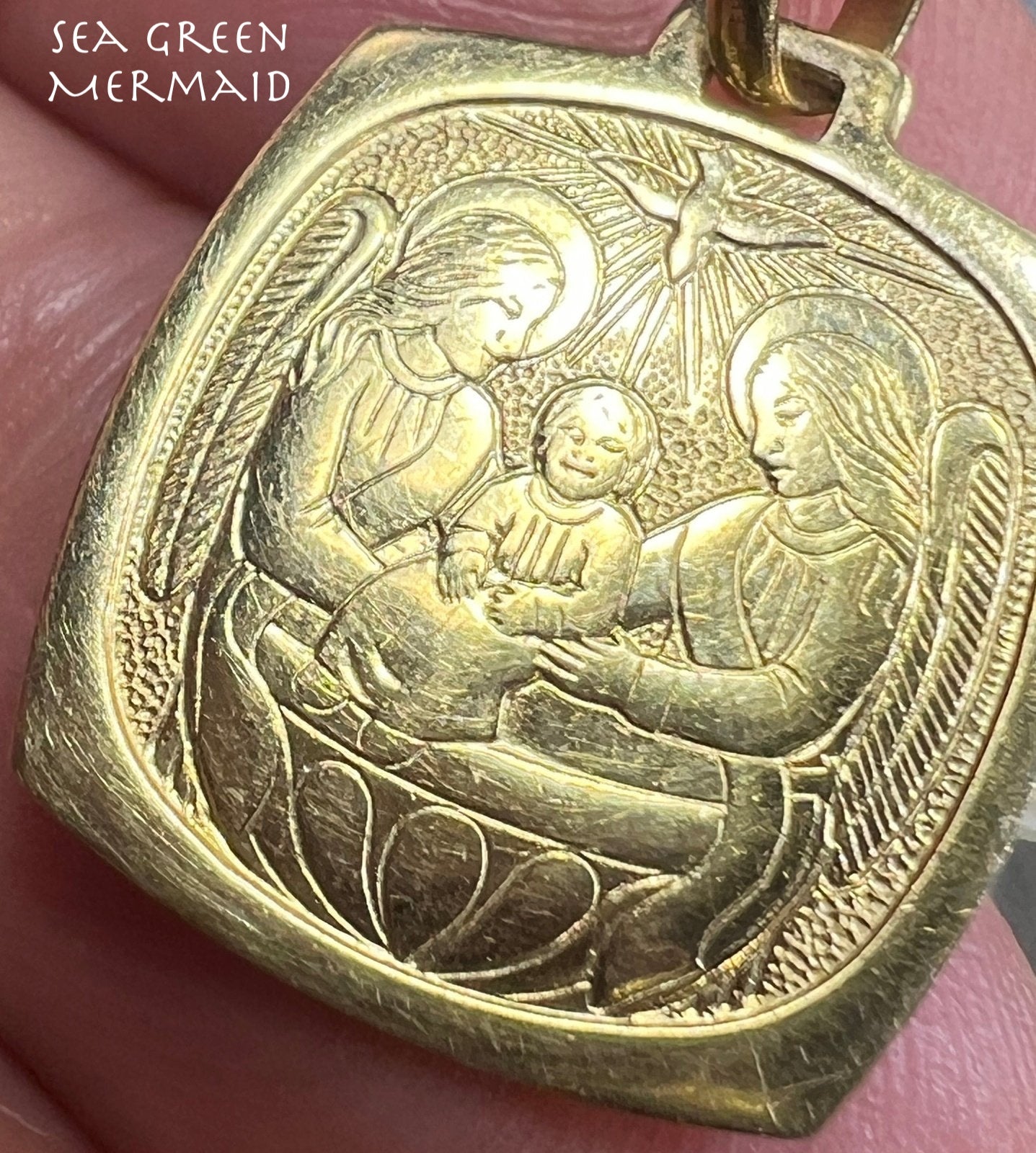 14k Gold Hand-Carved Baptism Pendant. 2 Angels + Holy Spirit Dove