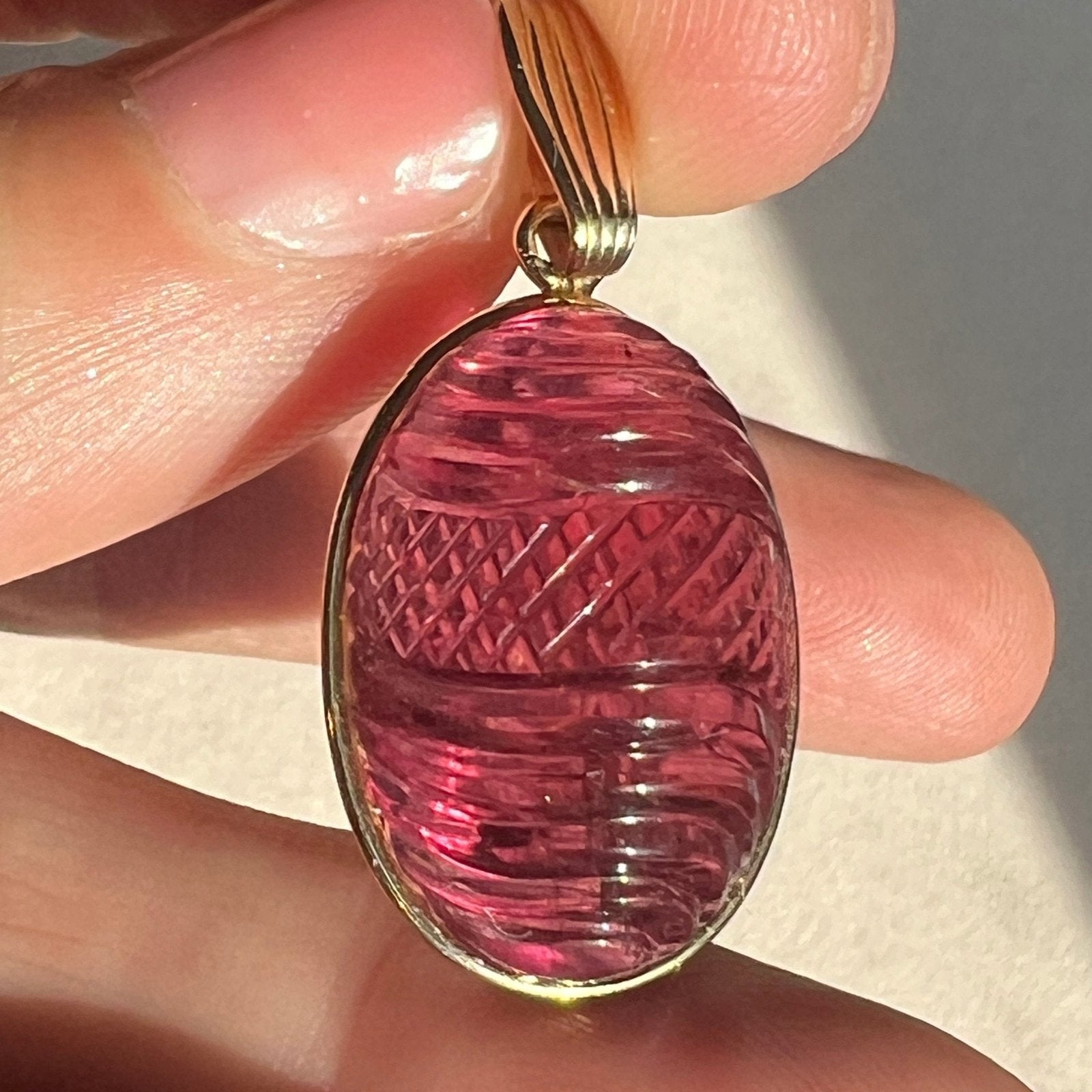 14k Gold Hand-Carved Cabochon Pink Tourmaline Cut Pendant. 7g + 1.4" *Video*