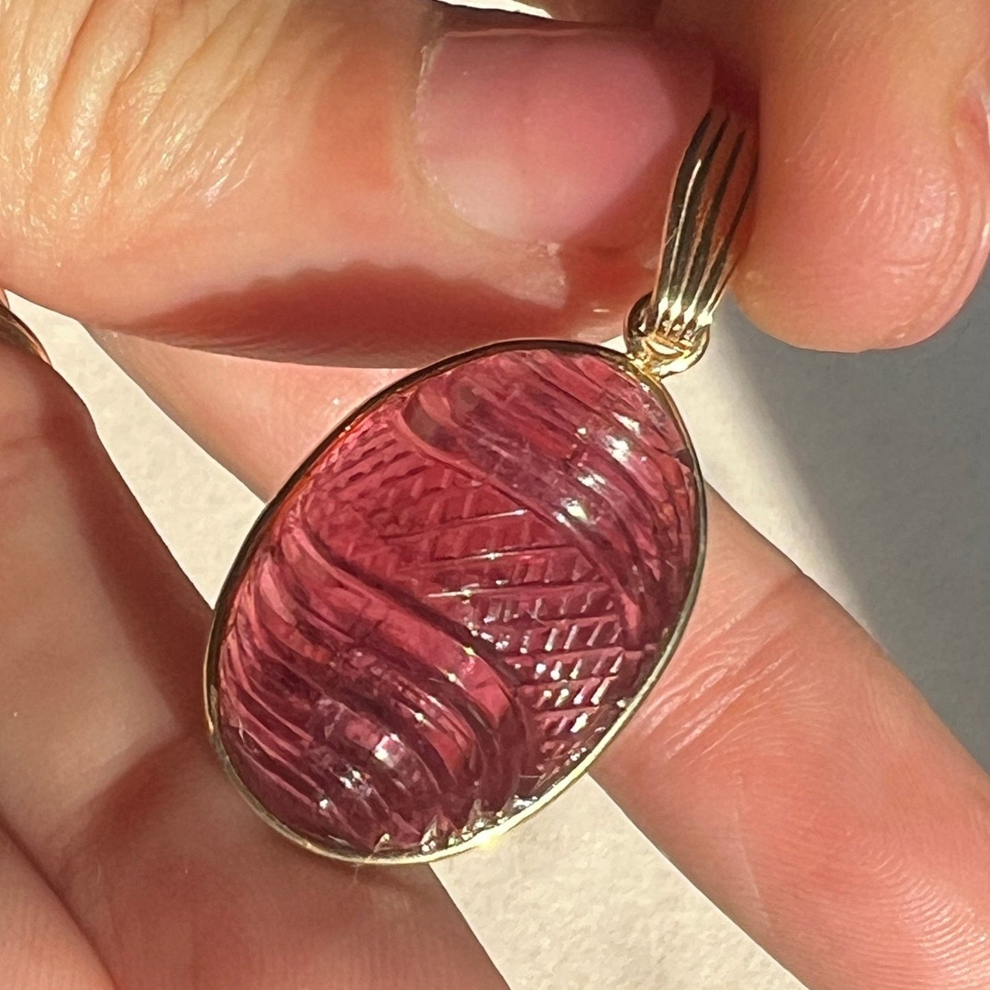 14k Gold Hand-Carved Cabochon Pink Tourmaline Cut Pendant. 7g + 1.4" *Video*