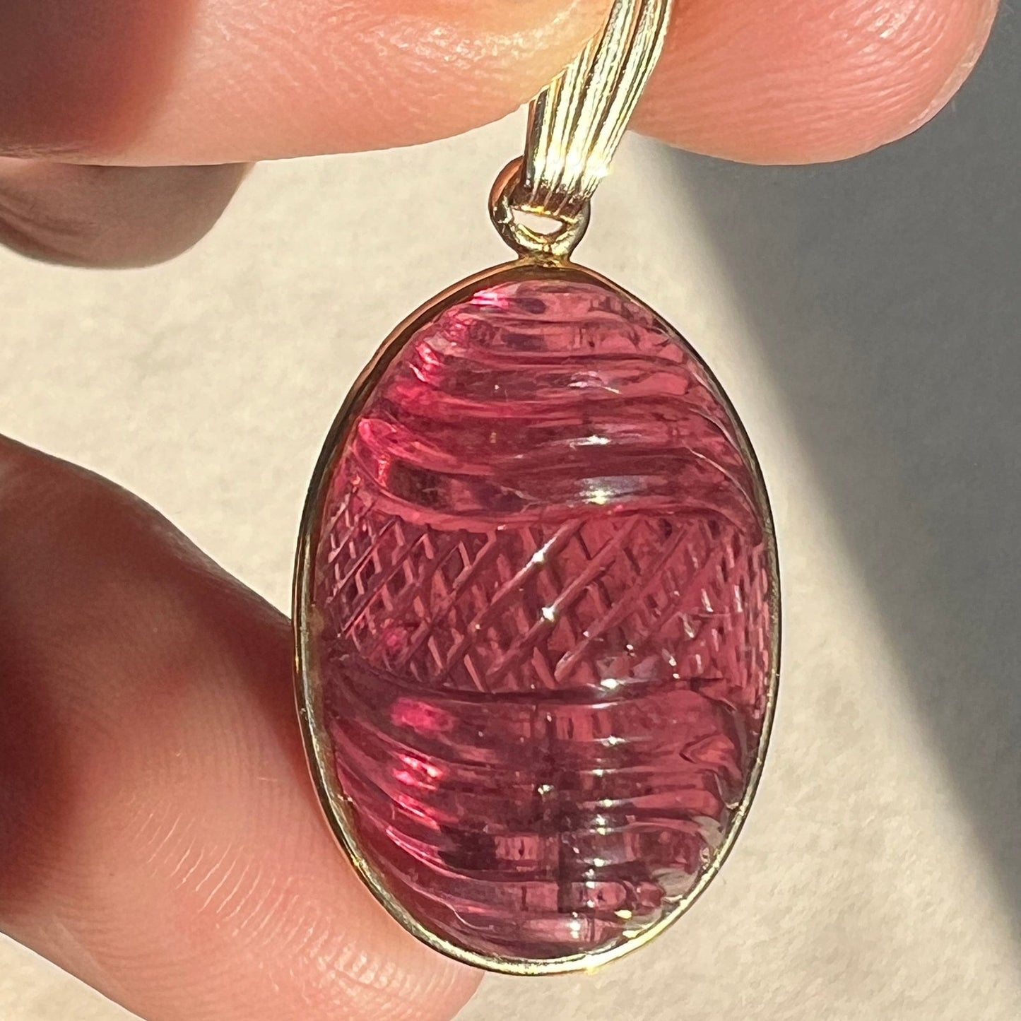 14k Gold Hand-Carved Cabochon Pink Tourmaline Cut Pendant. 7g + 1.4" *Video*