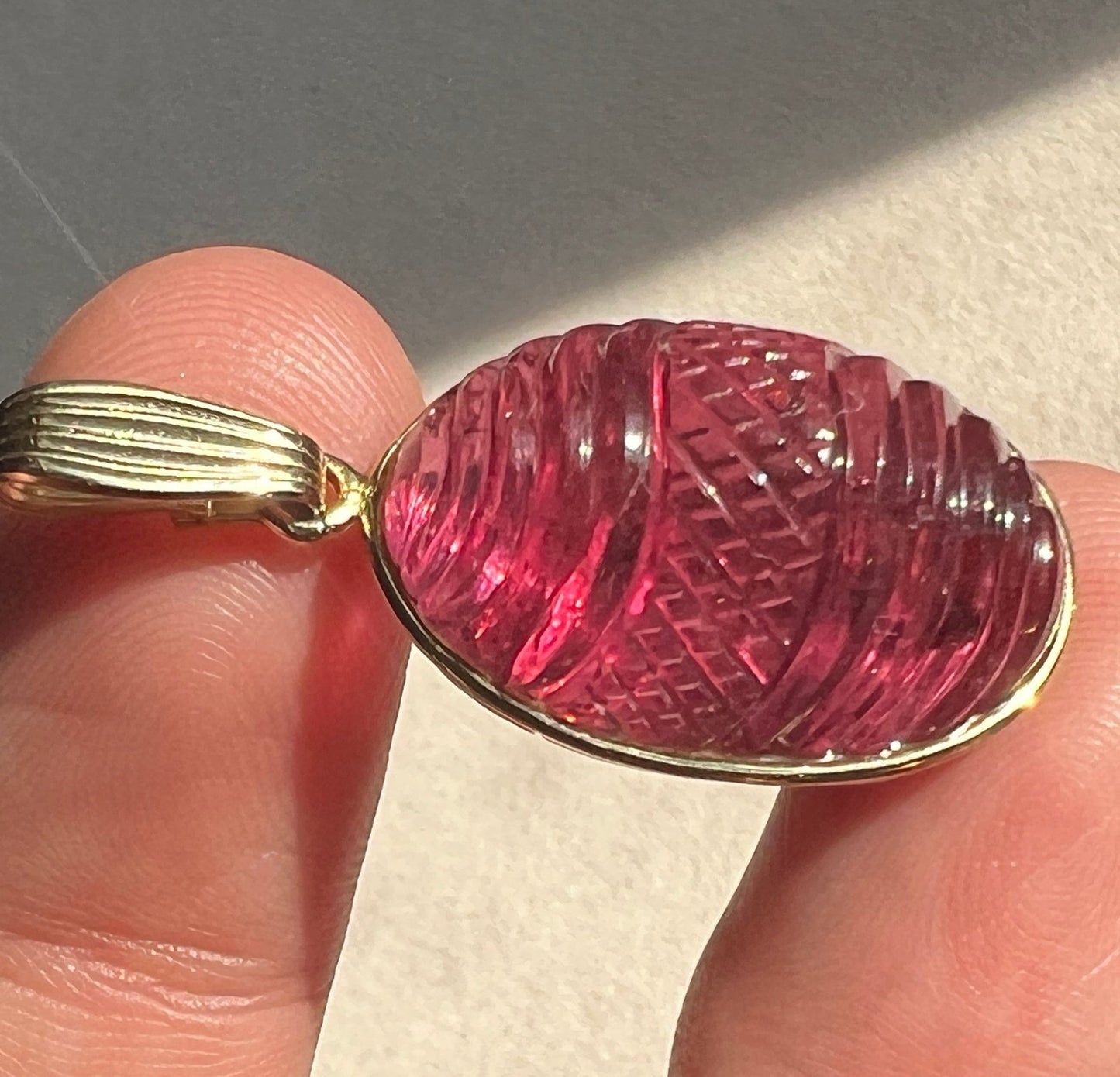 14k Gold Hand-Carved Cabochon Pink Tourmaline Cut Pendant. 7g + 1.4" *Video*