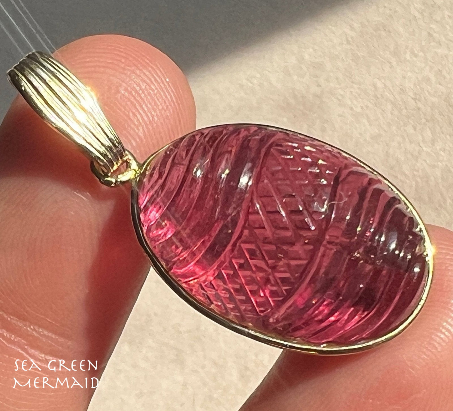 14k Gold Hand-Carved Cabochon Pink Tourmaline Cut Pendant. 7g + 1.4" *Video*