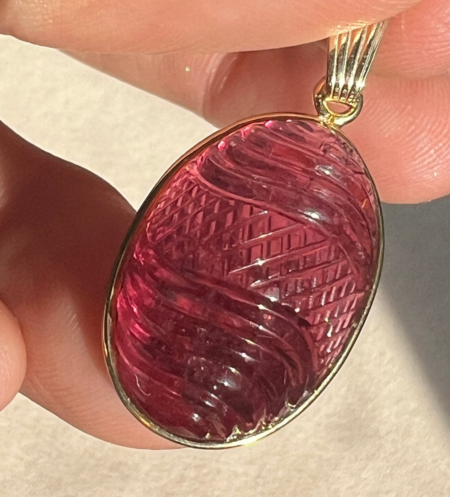 14k Gold Hand-Carved Cabochon Pink Tourmaline Cut Pendant. 7g + 1.4" *Video*