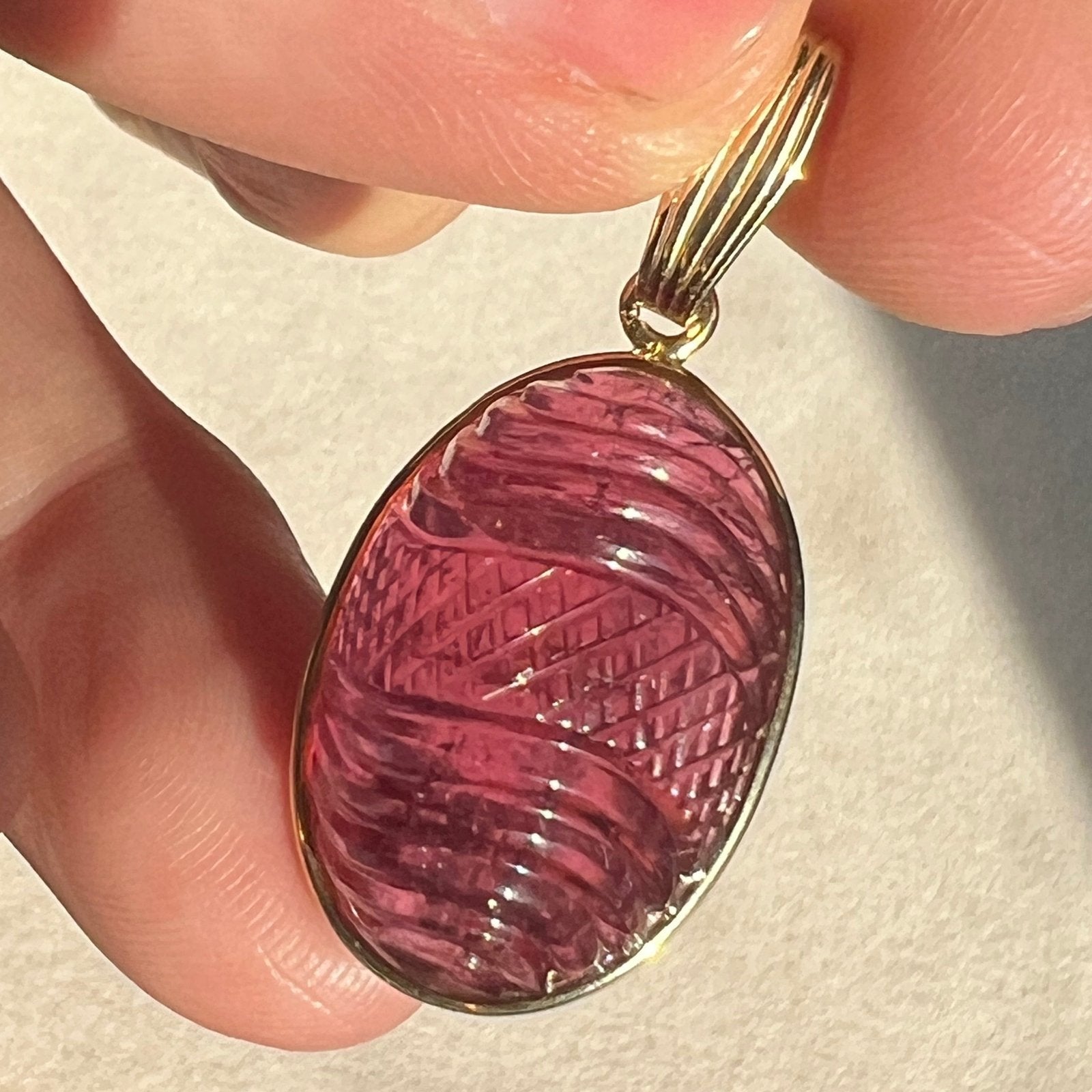 14k Gold Hand-Carved Cabochon Pink Tourmaline Cut Pendant. 7g + 1.4" *Video*