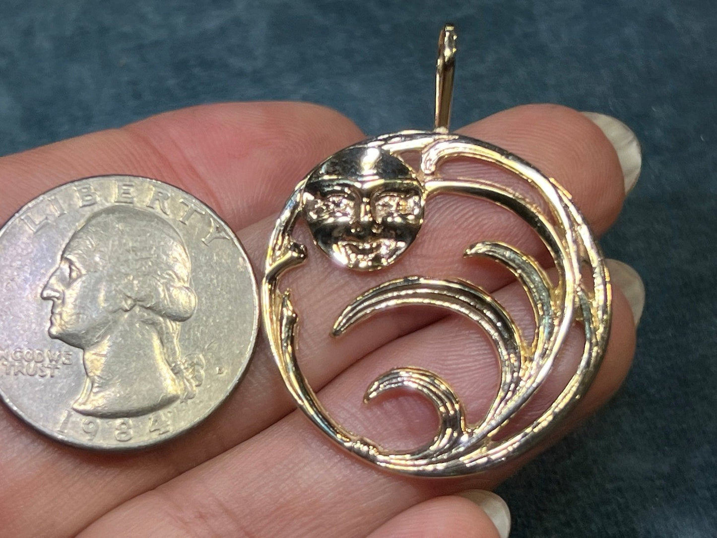 14k Gold Harvest Moon Circle Pendant. "Man in the Moon" + Wheat