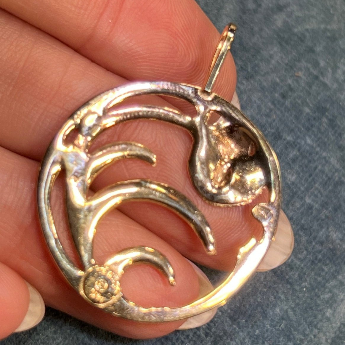 14k Gold Harvest Moon Circle Pendant. "Man in the Moon" + Wheat