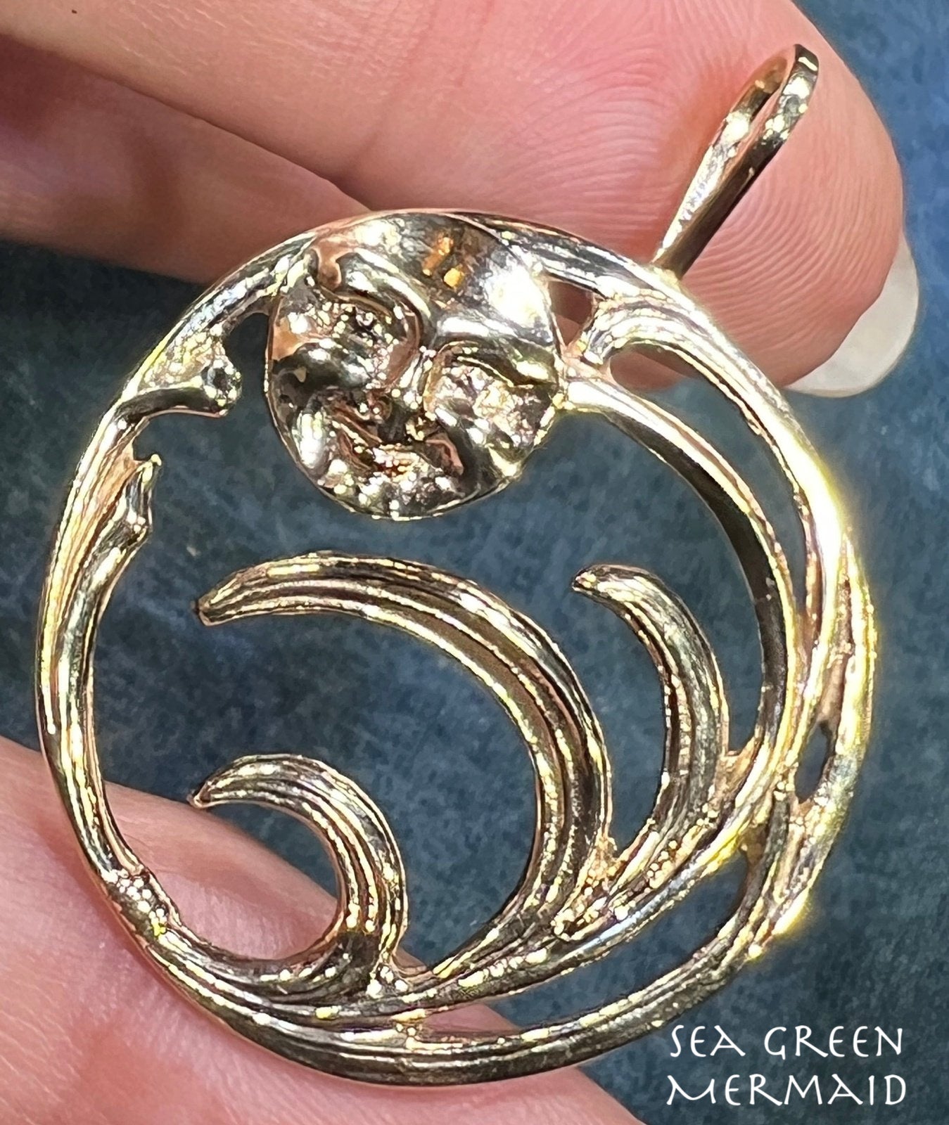 14k Gold Harvest Moon Circle Pendant. "Man in the Moon" + Wheat