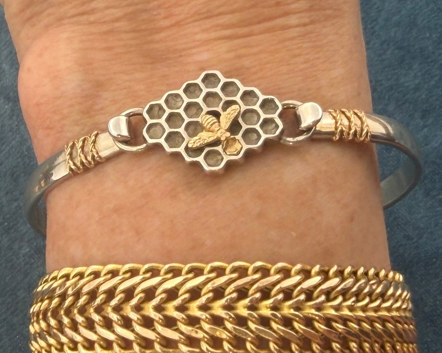 14k Gold Honey Bee on 925 Silver Bee Hive Bangle Bracelet