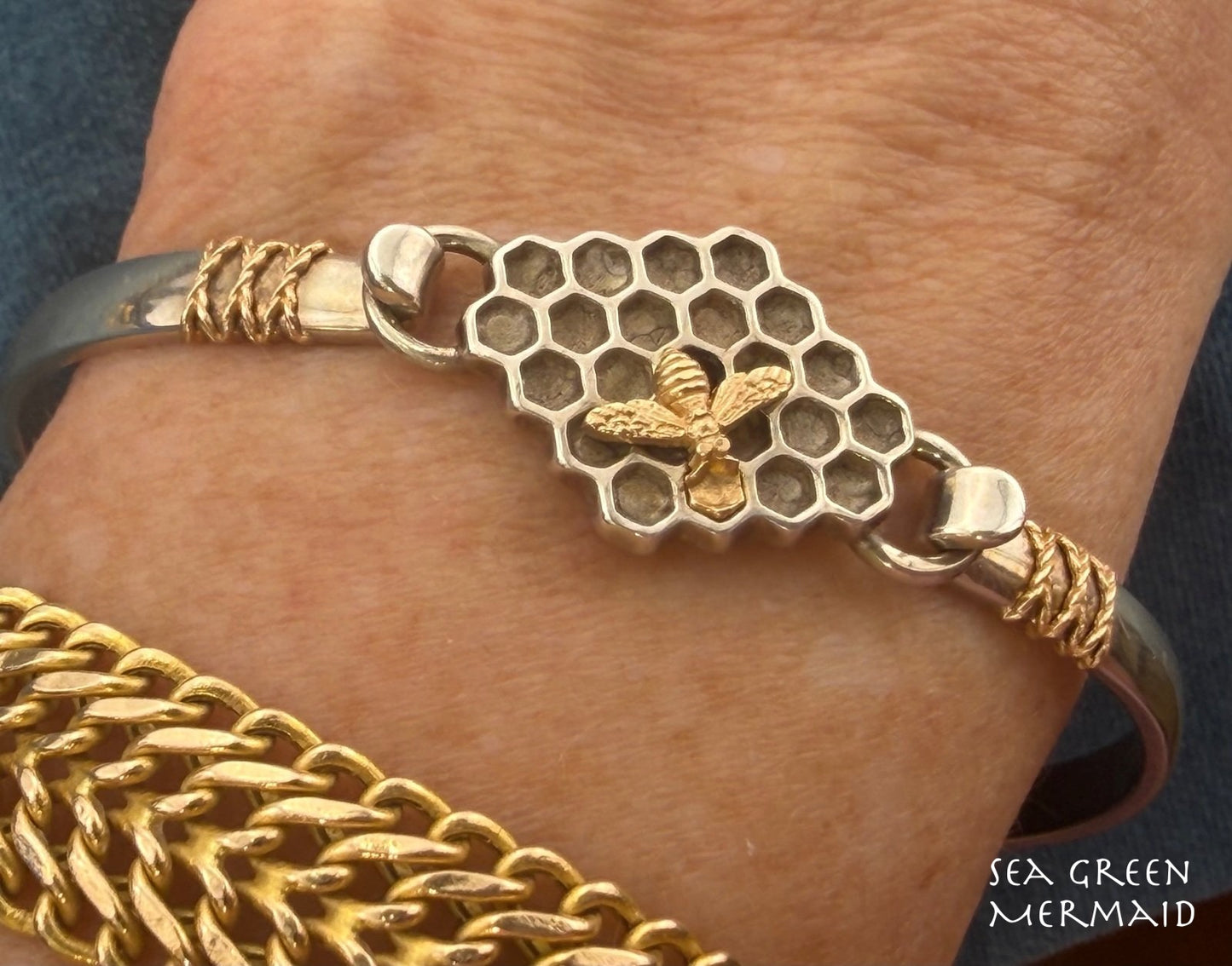 14k Gold Honey Bee on 925 Silver Bee Hive Bangle Bracelet