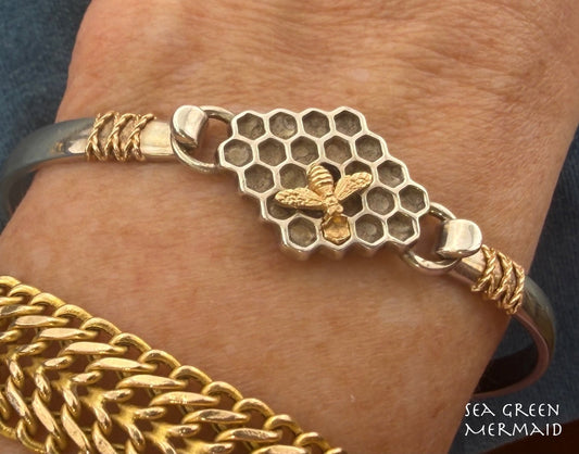 14k Gold Honey Bee on 925 Silver Bee Hive Bangle Bracelet