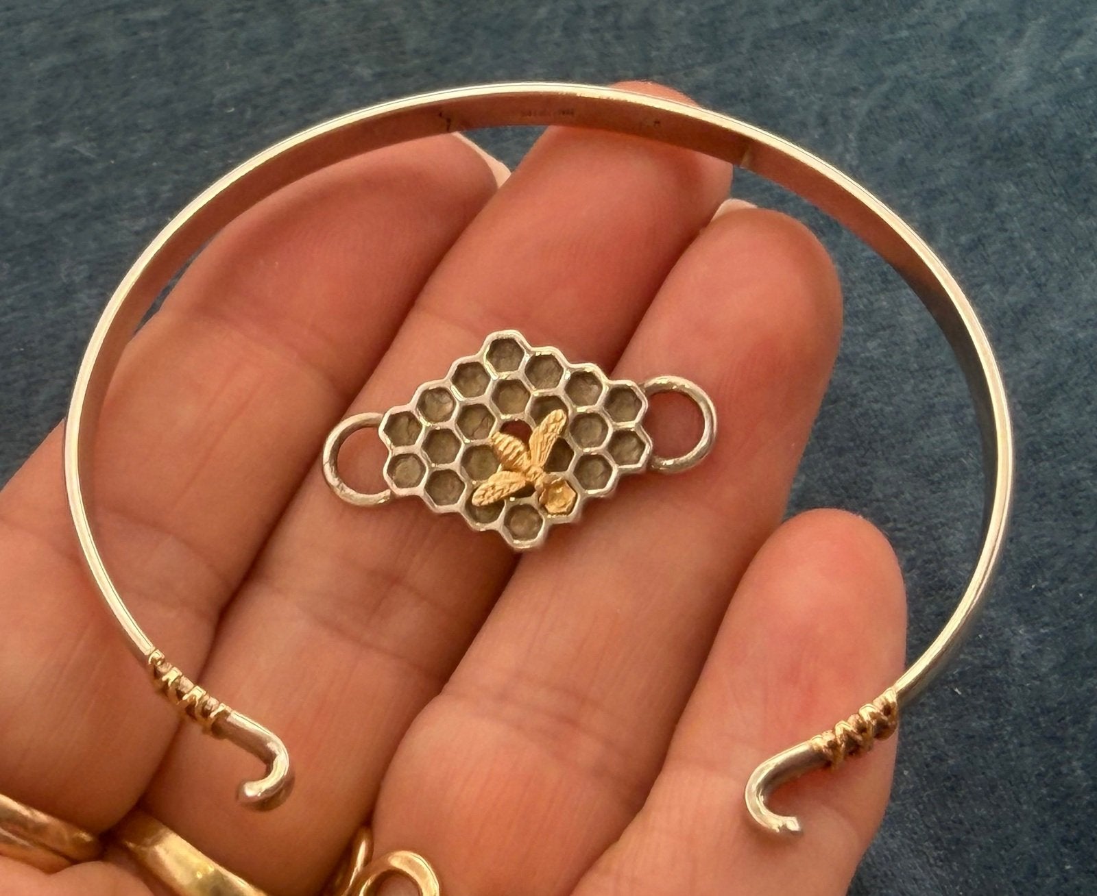 14k Gold Honey Bee on 925 Silver Bee Hive Bangle Bracelet
