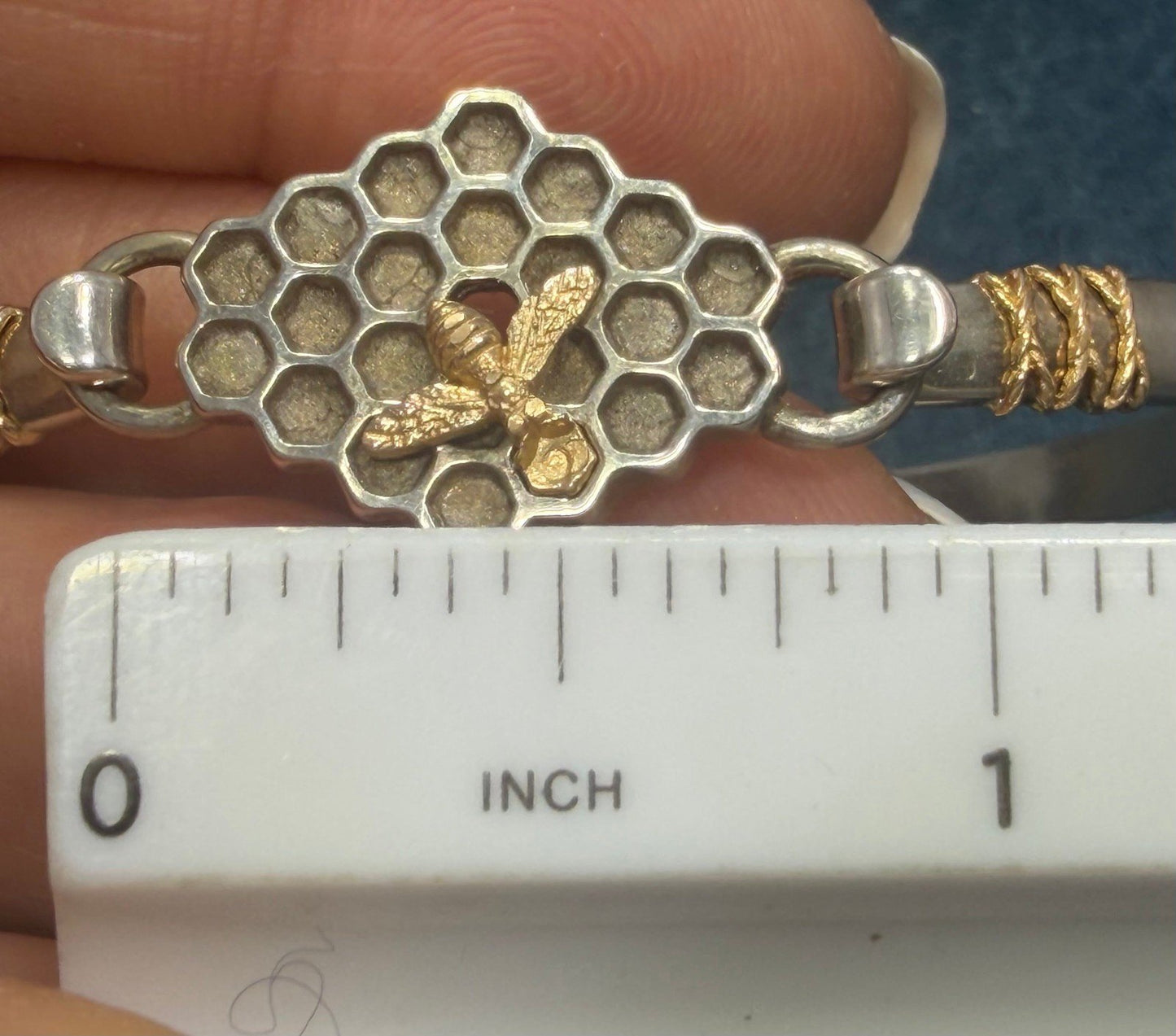14k Gold Honey Bee on 925 Silver Bee Hive Bangle Bracelet