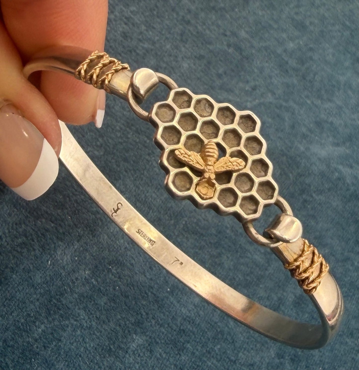 14k Gold Honey Bee on 925 Silver Bee Hive Bangle Bracelet