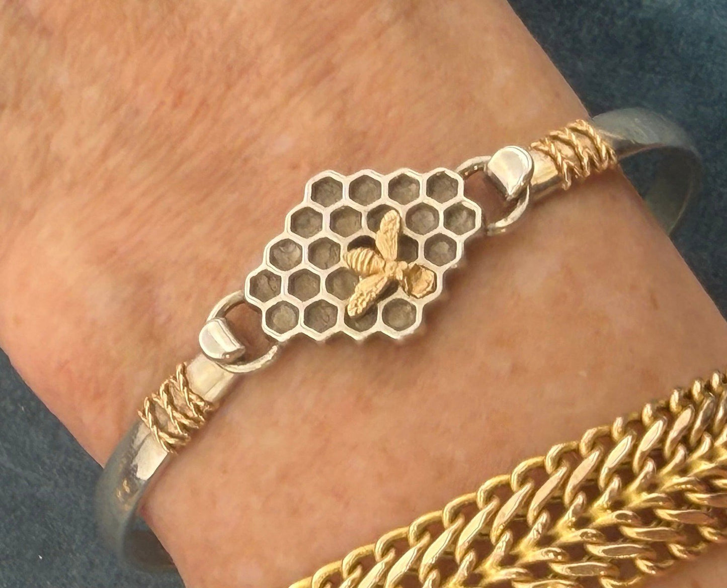 14k Gold Honey Bee on 925 Silver Bee Hive Bangle Bracelet