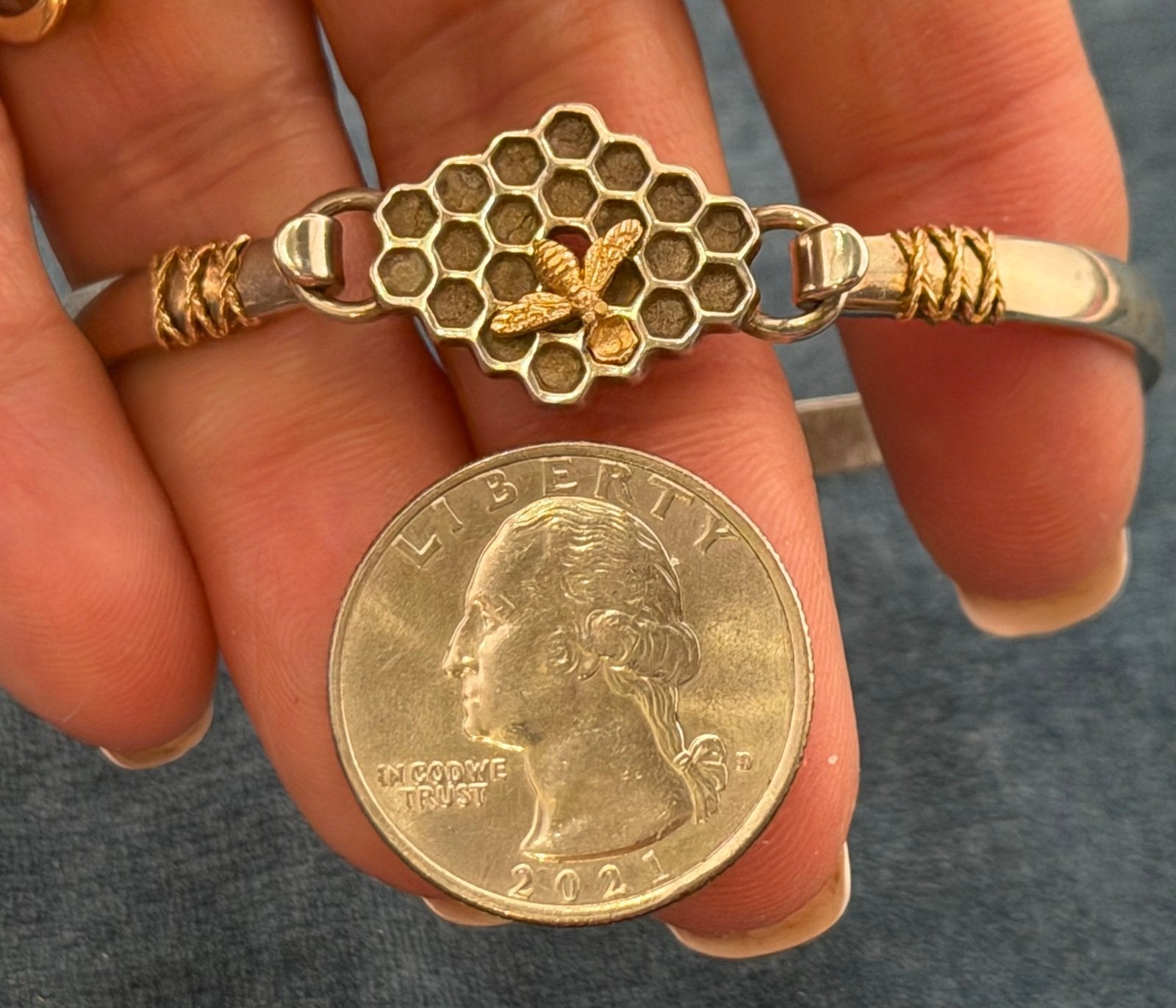 14k Gold Honey Bee on 925 Silver Bee Hive Bangle Bracelet