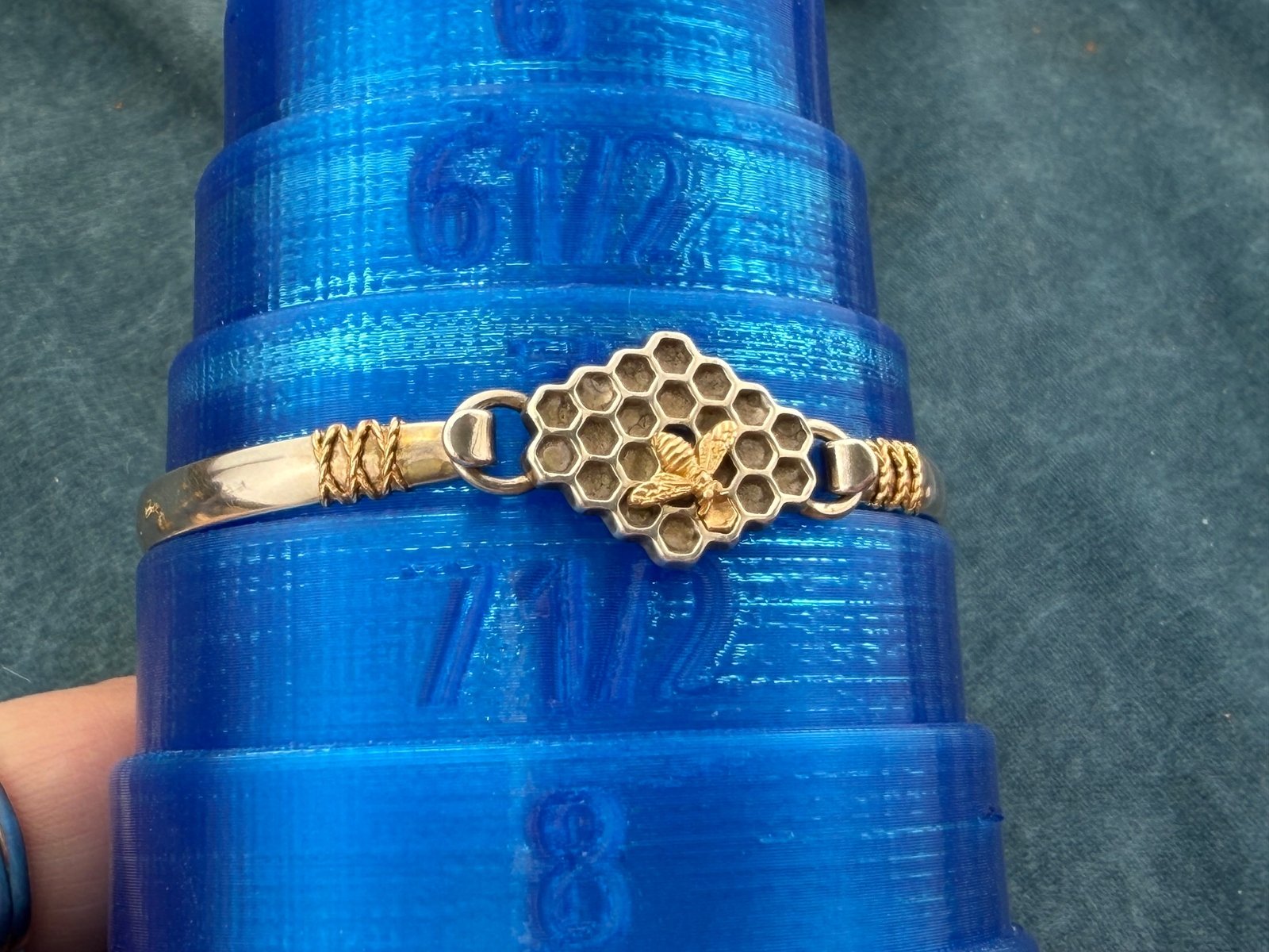 14k Gold Honey Bee on 925 Silver Bee Hive Bangle Bracelet