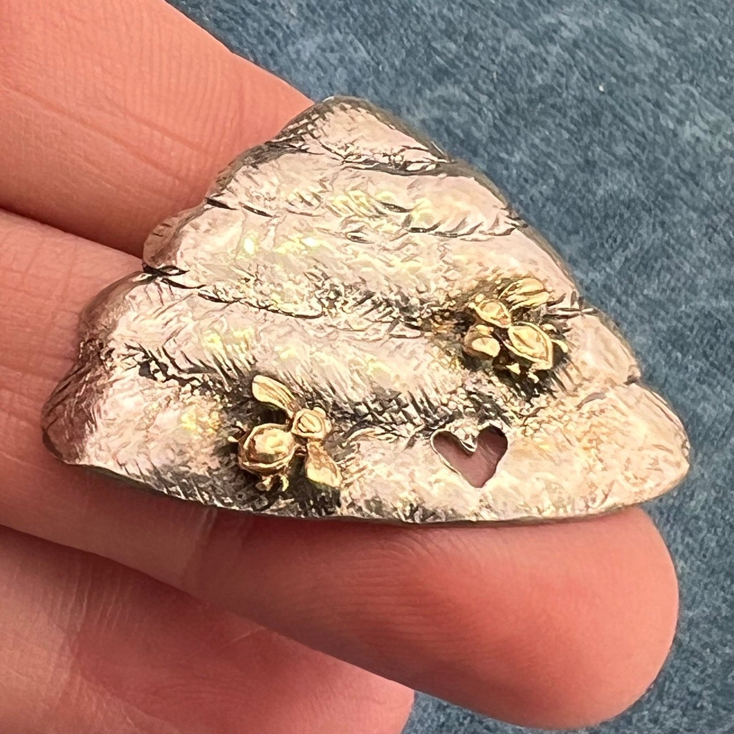 14k Gold Honey Bees on 925 Silver Bee Hive Pendant. 2" + 9g